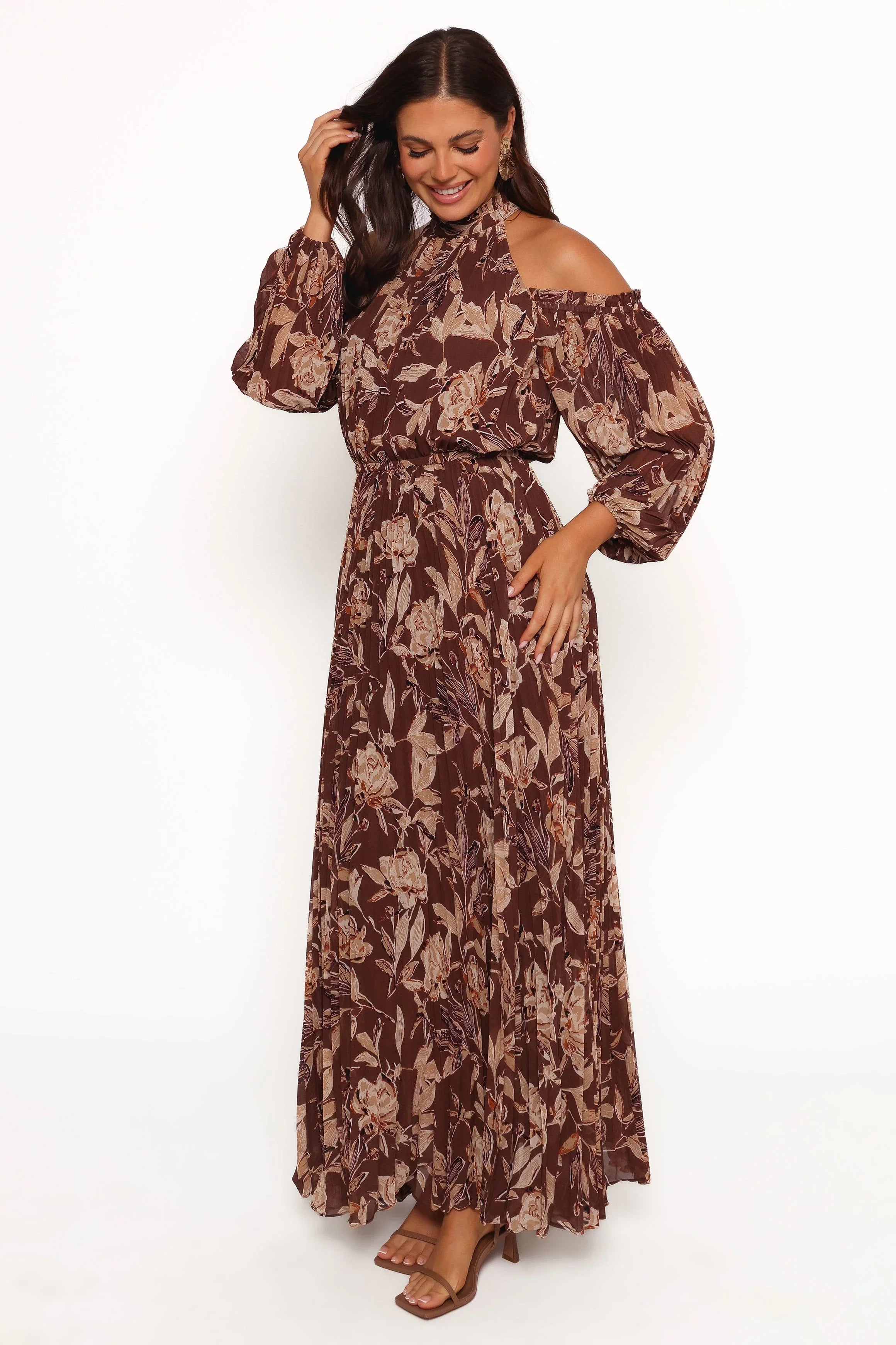 Hilary Pleated Maxi Dress Brown Floral