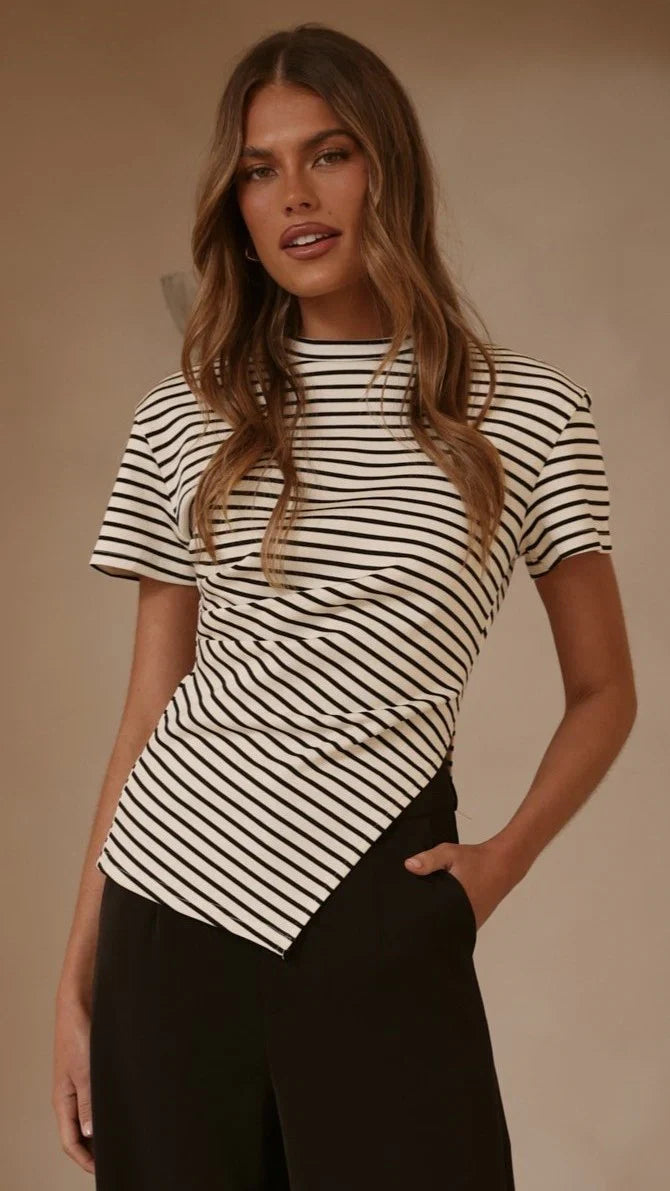 Tiarna Side Ruched Tee Black White Stripe