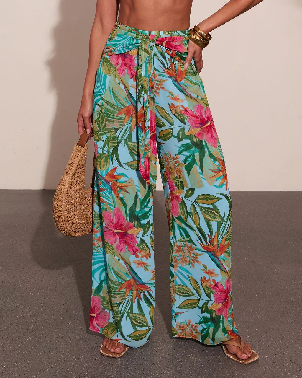 Arellie Tropical Floral Waist Tie Cover Up Pants