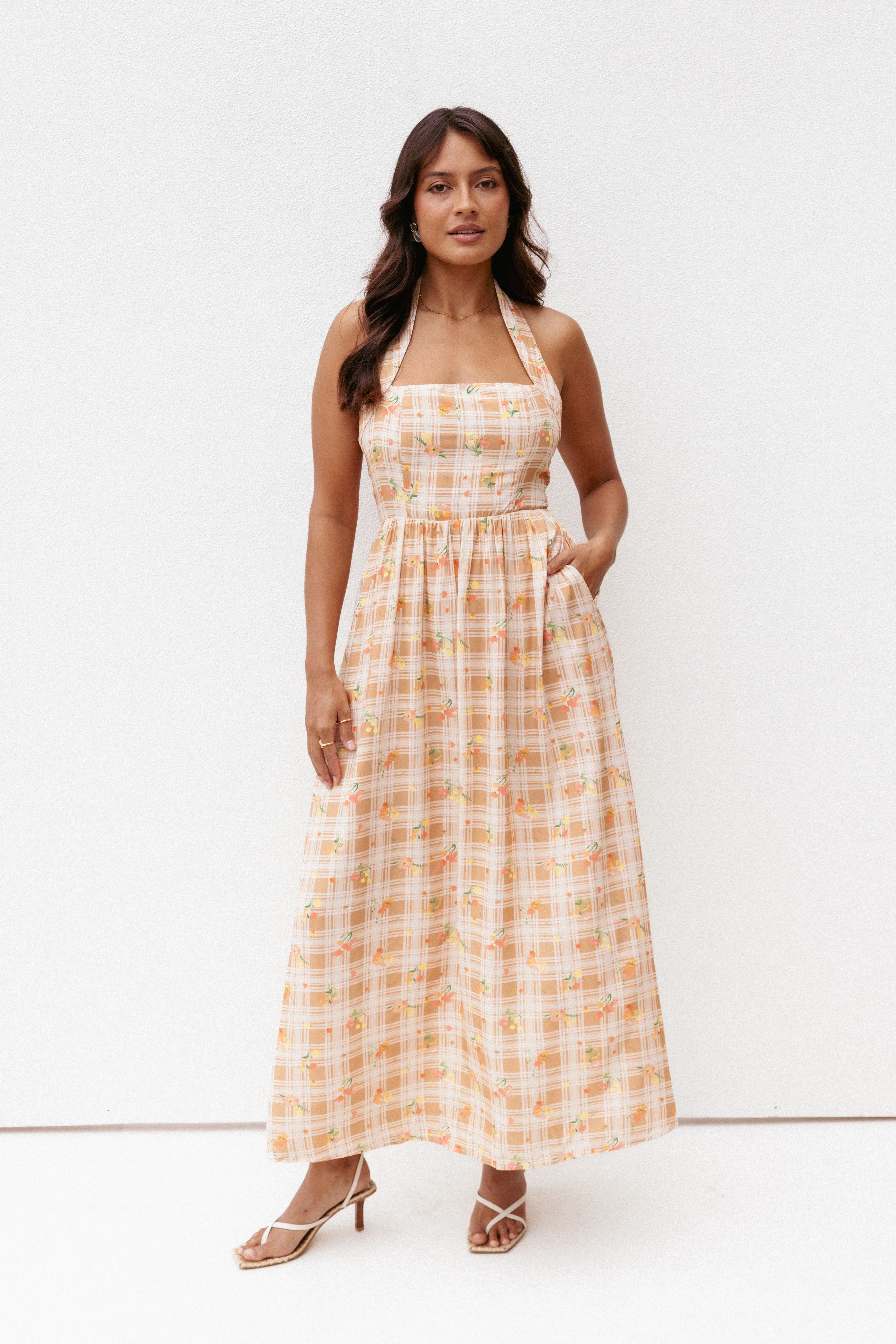 Gemini Halterneck Maxi Dress Yellow Floral Gingham