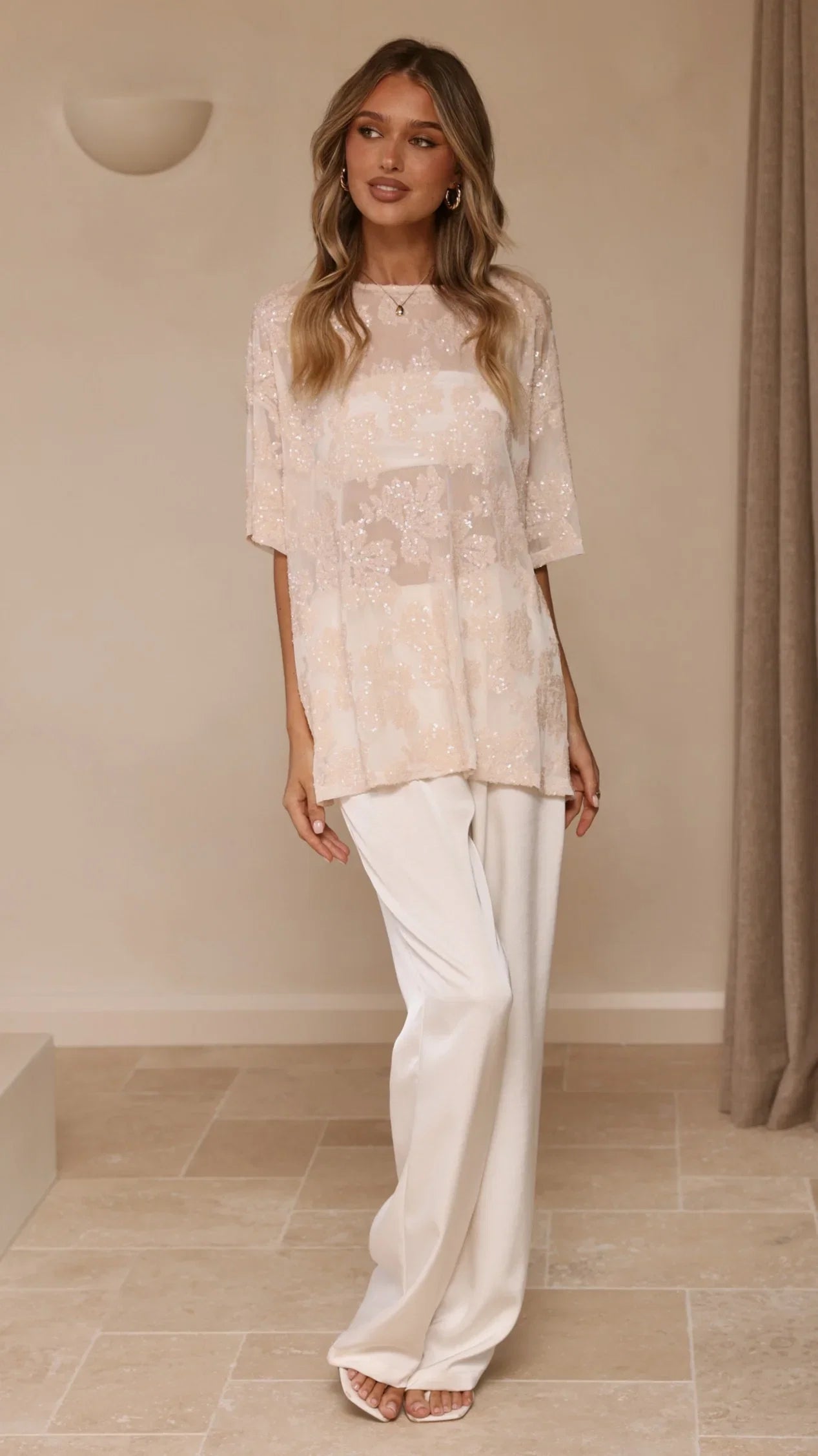 Arlo Oversized Sequin Top Beige Floral