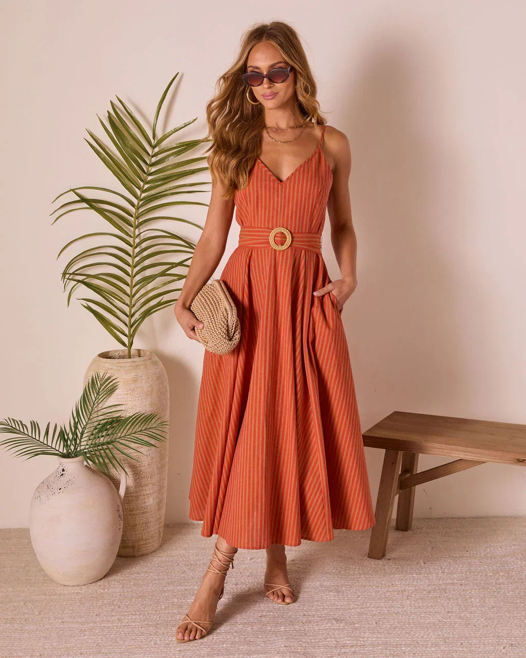 Bungalow Bliss Striped Belted Midi Dress