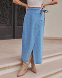 Maebelle Wrap Tie Denim Maxi Skirt