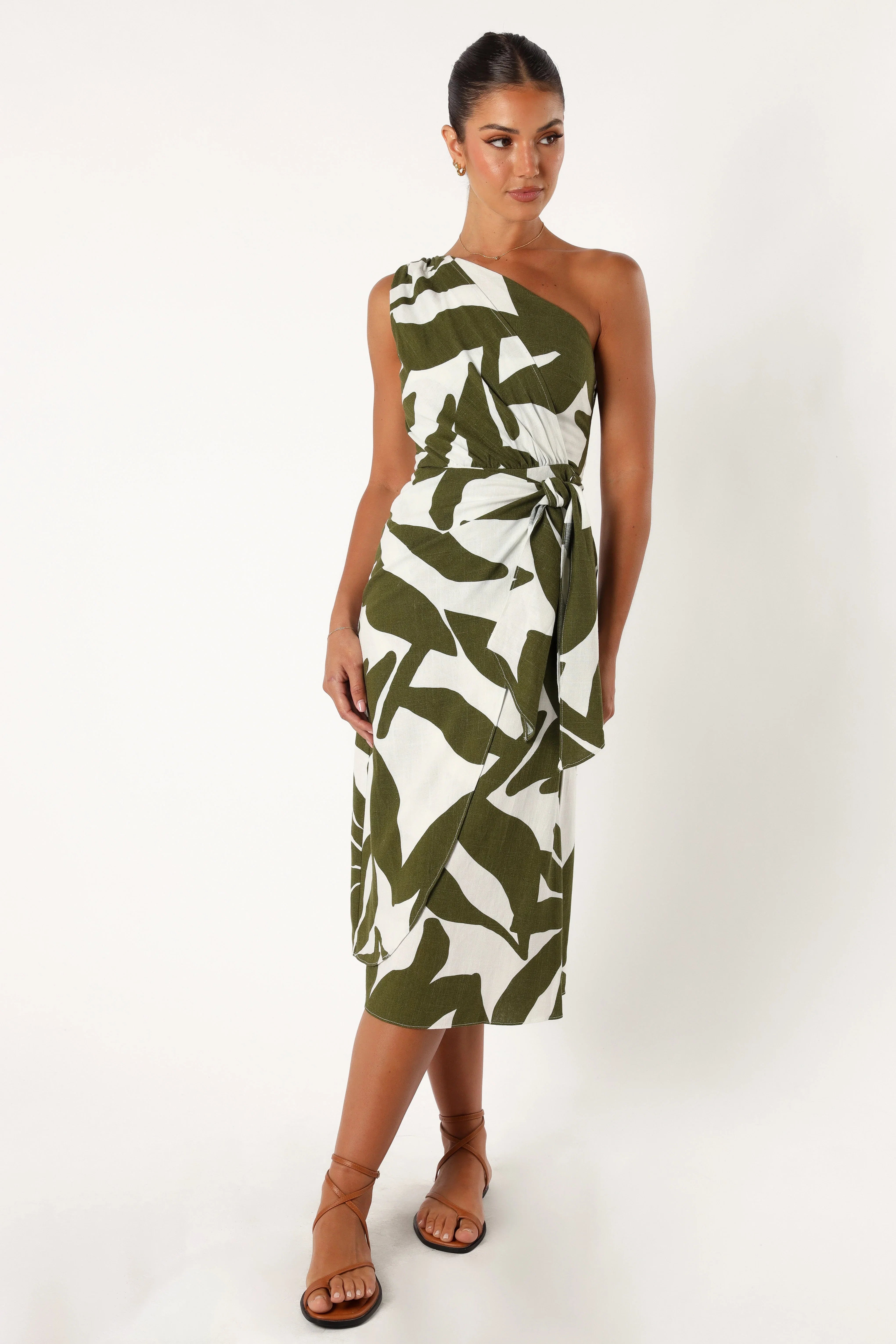 Zara One Shoulder Midi Dress Olive Palm