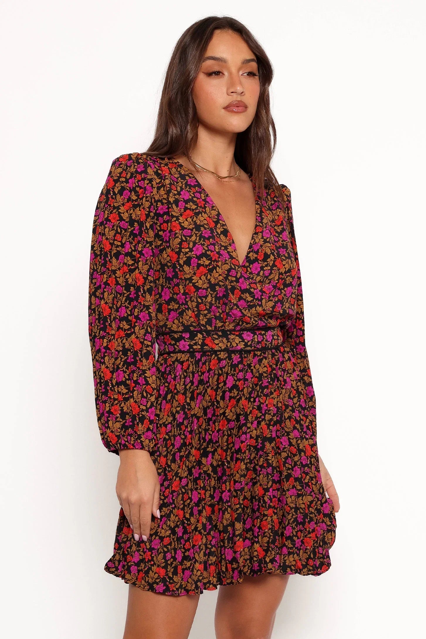 Zephyr Long Sleeve Mini Dress Black Magenta