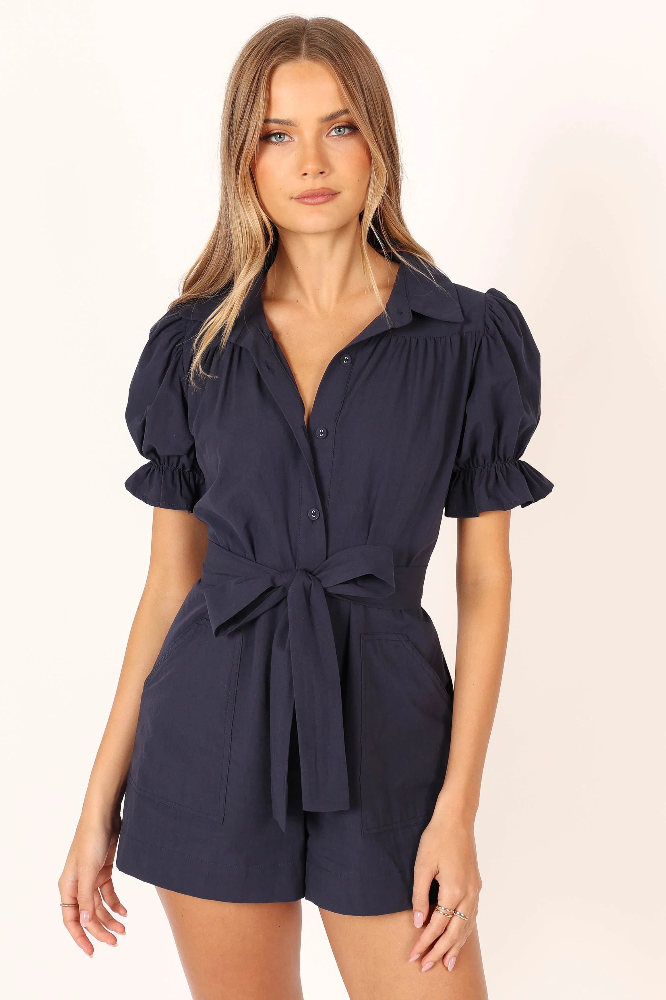Riley Waist Tie Romper Navy