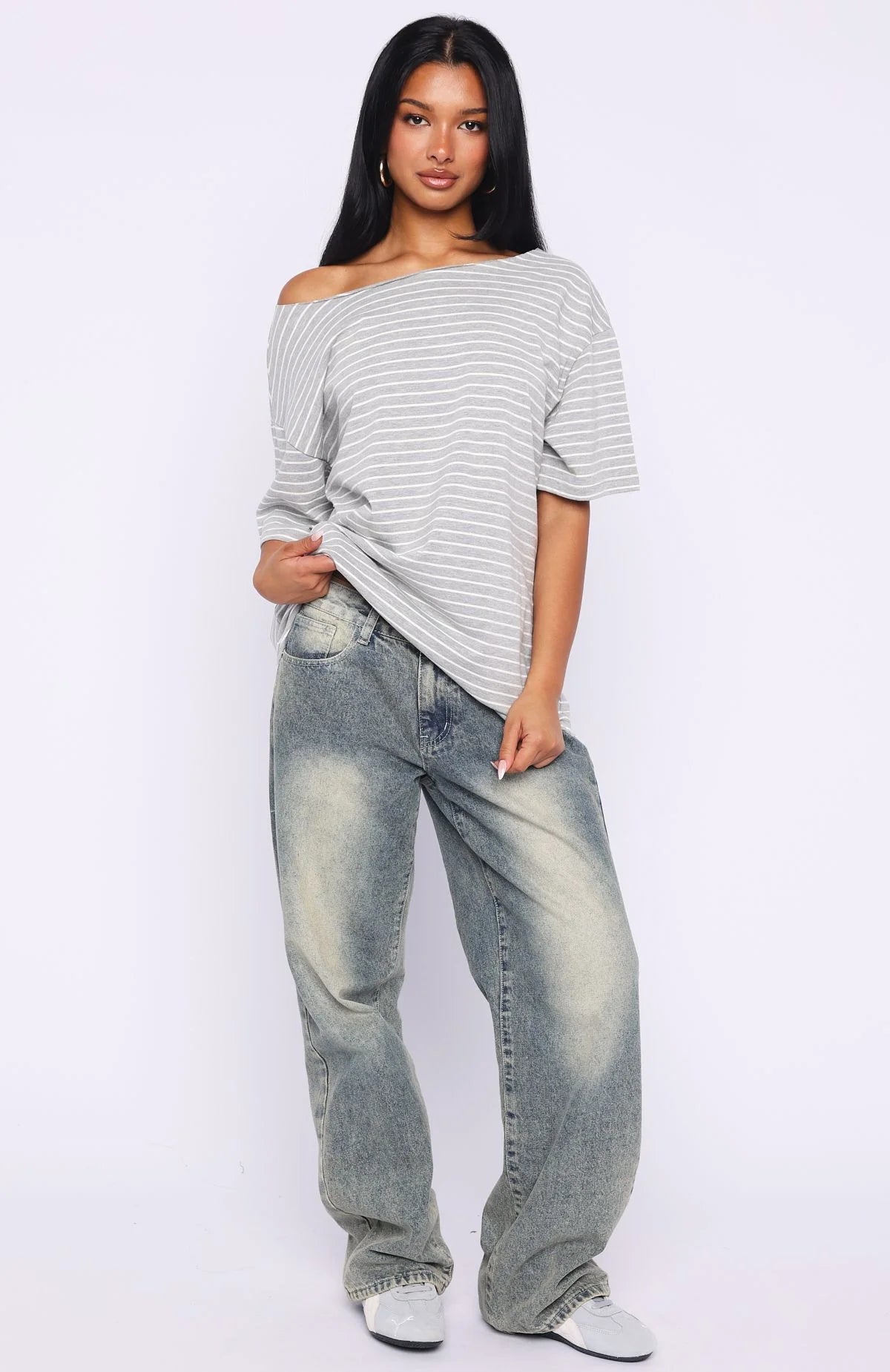 Give Me Options Off Shoulder Tee Grey White Stripe