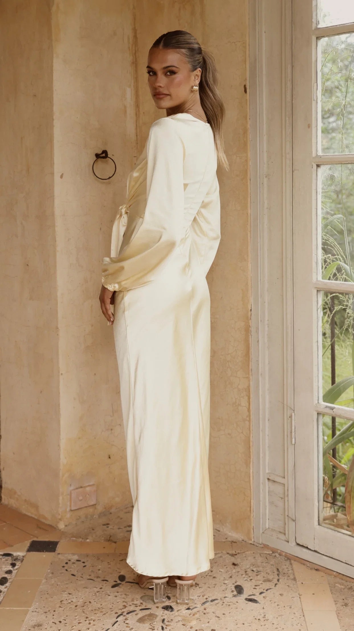 Ivy Long Sleeve Tie Front Maxi Dress Yellow