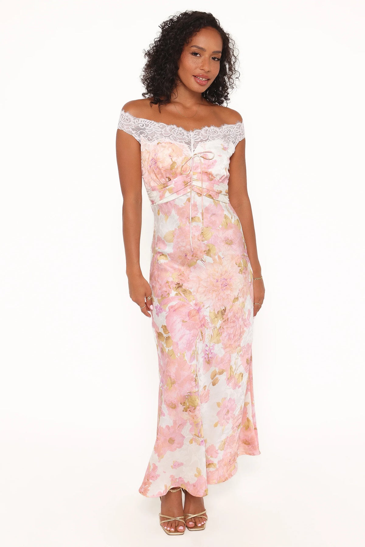 Voss Off Shoulder Lace Maxi Dress Pink Floral
