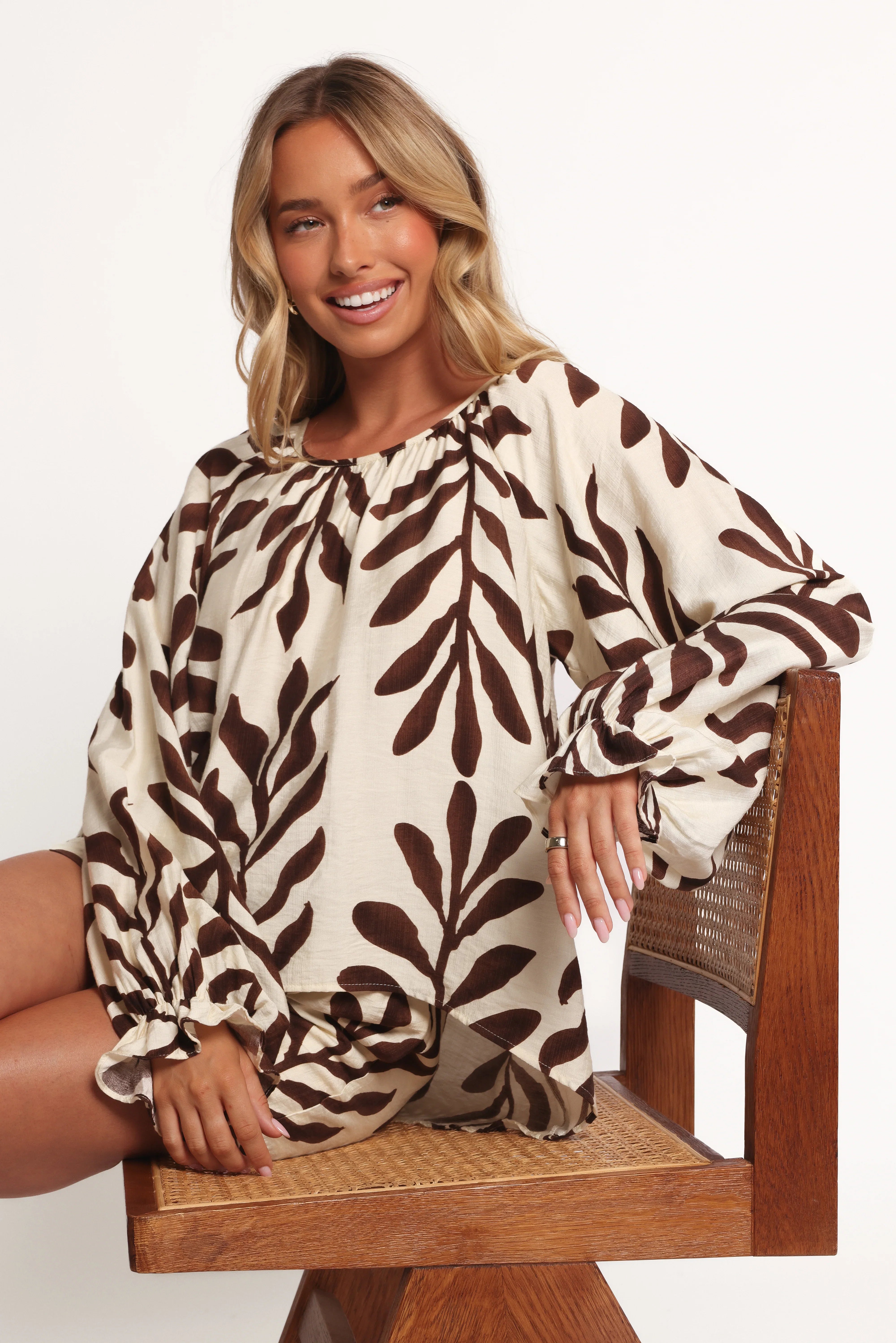 July Long Sleeve Smock Top Brown Palm