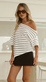 Blair Off Shoulder Tee White Black Stripe