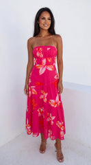 Paradiso Floral Print Midi Dress Pink