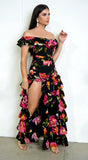 Eivissa Floral Off Shoulder Ruffle Tier Maxi Dress Black