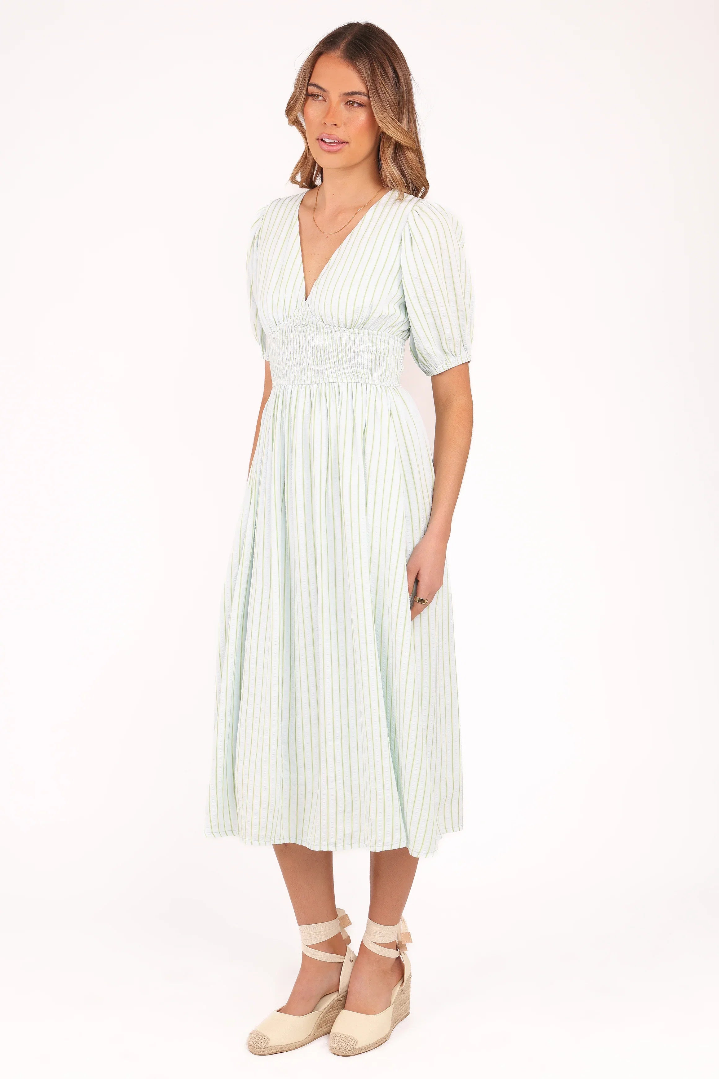 Ronnie Short Sleeve Midi Dress Green Blue Stripe