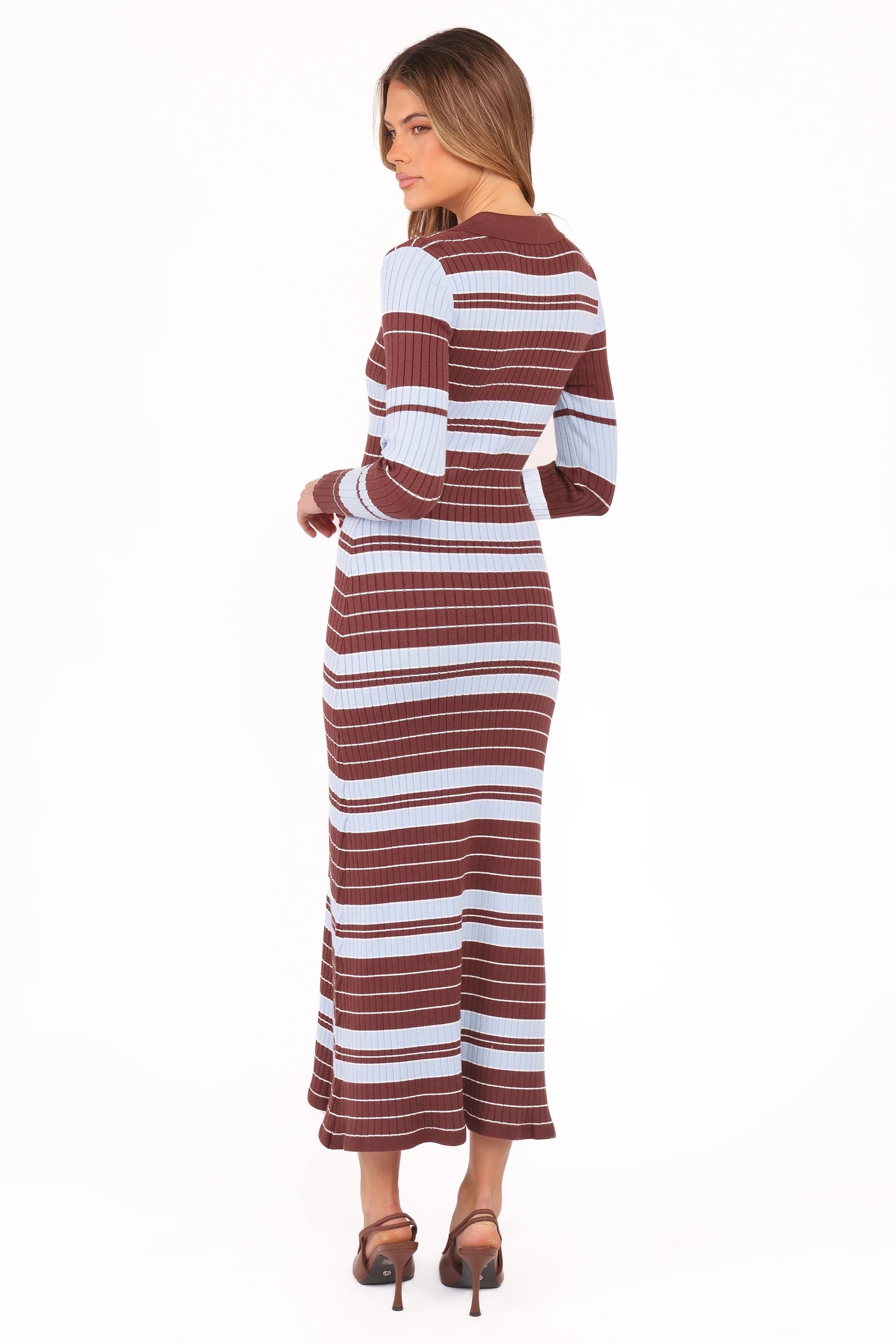 Eliana Long Sleeve Midi Dress Brown Blue Stripe