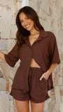 Machiko Button Up Shirt and Shorts Set Brown Waffle Knit
