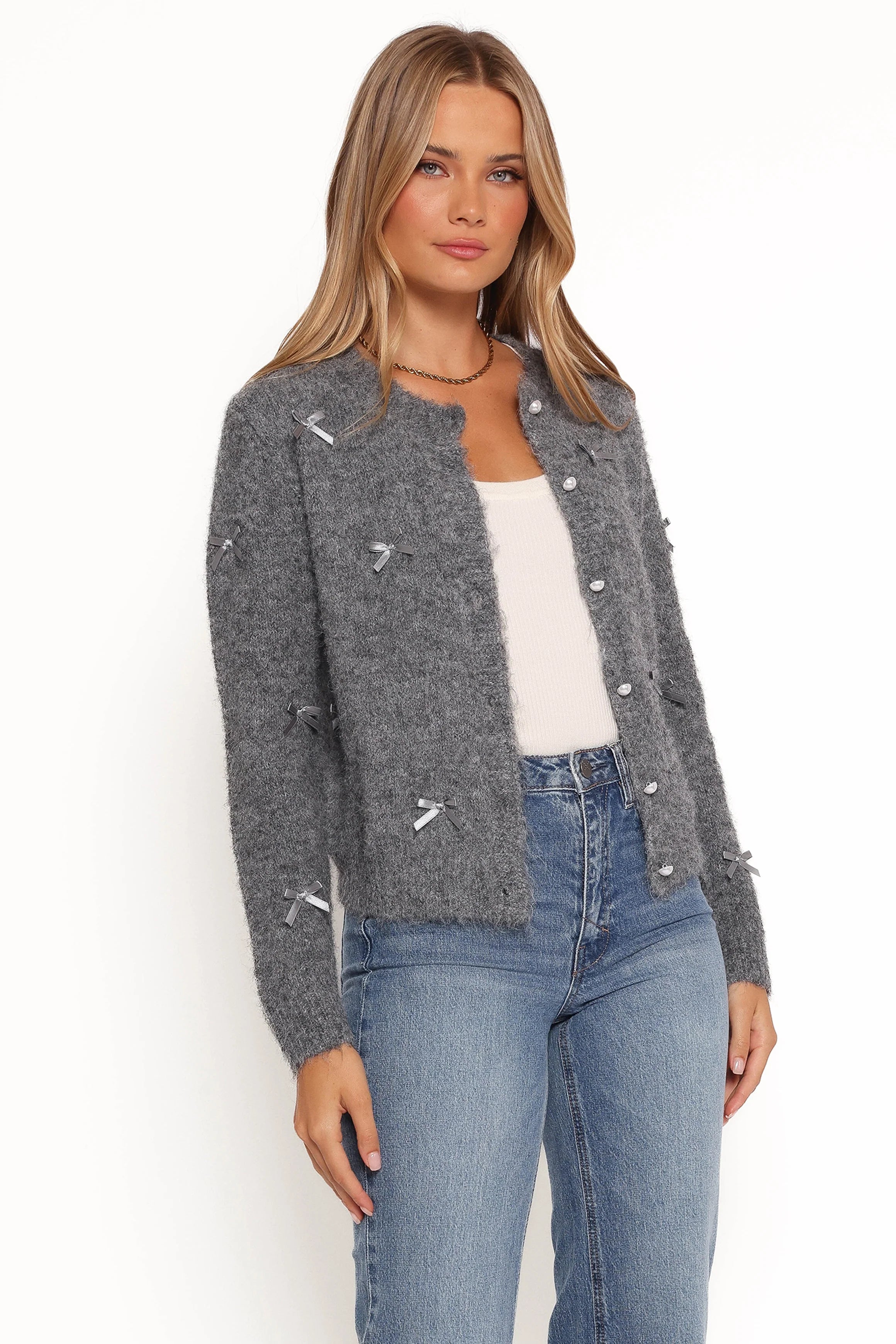 Mellie All Over Bow Button Front Cardigan Grey