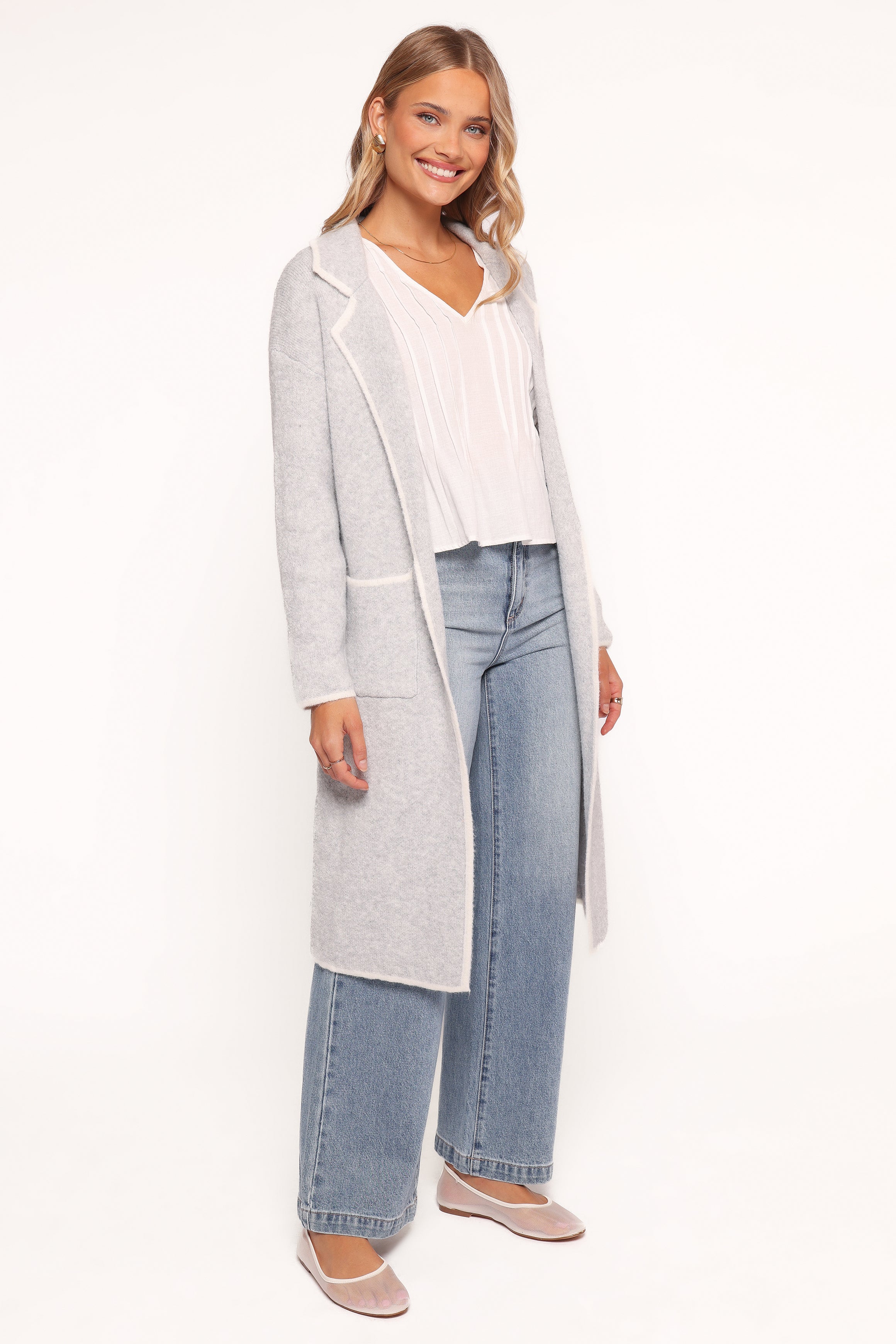 Katia Contrast Trim Coatigan Light Grey