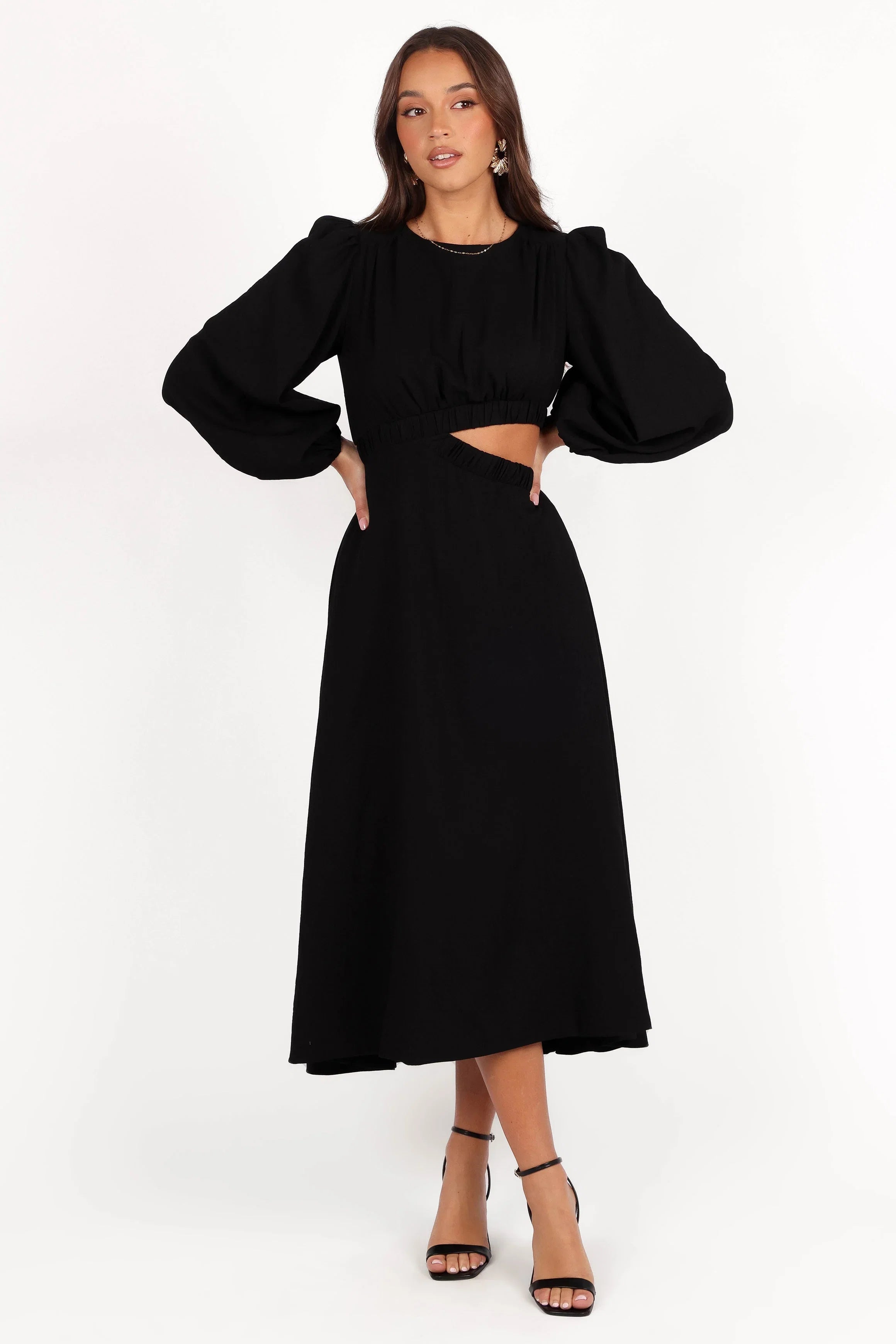Ginnee Puff Sleeve Cutout Midi Dress Black
