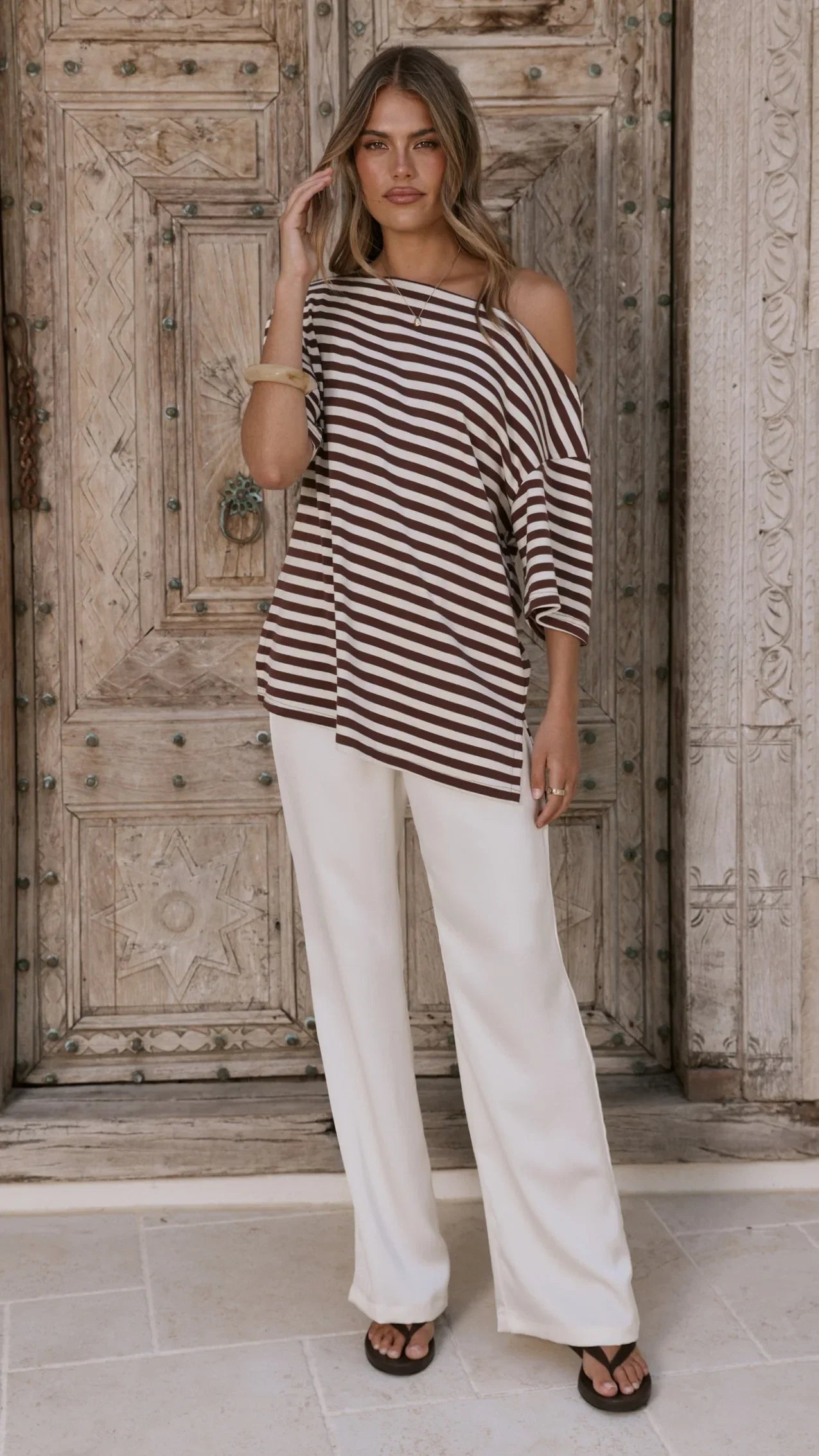 Pia One Shoulder Oversize Tee Choc White Stripe