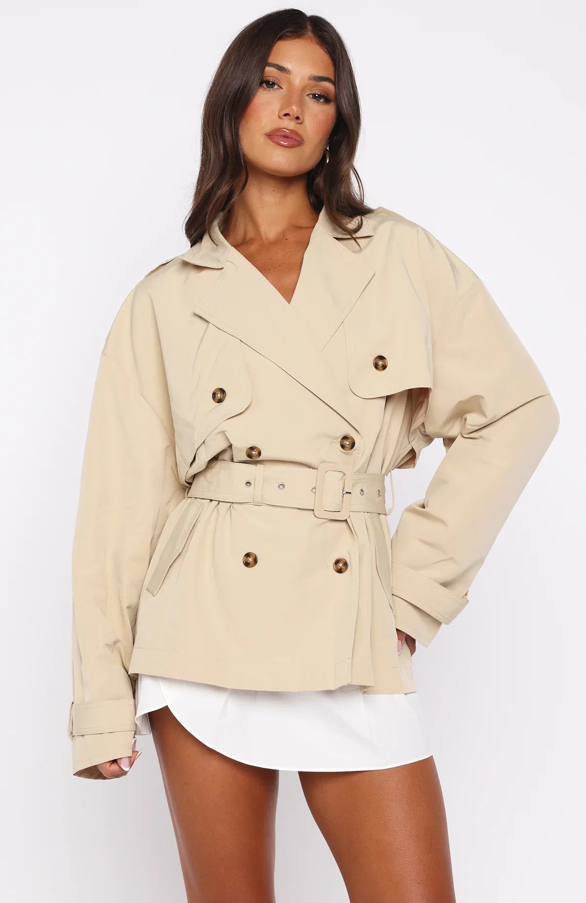 Shes Popular Cropped Trench Sand
