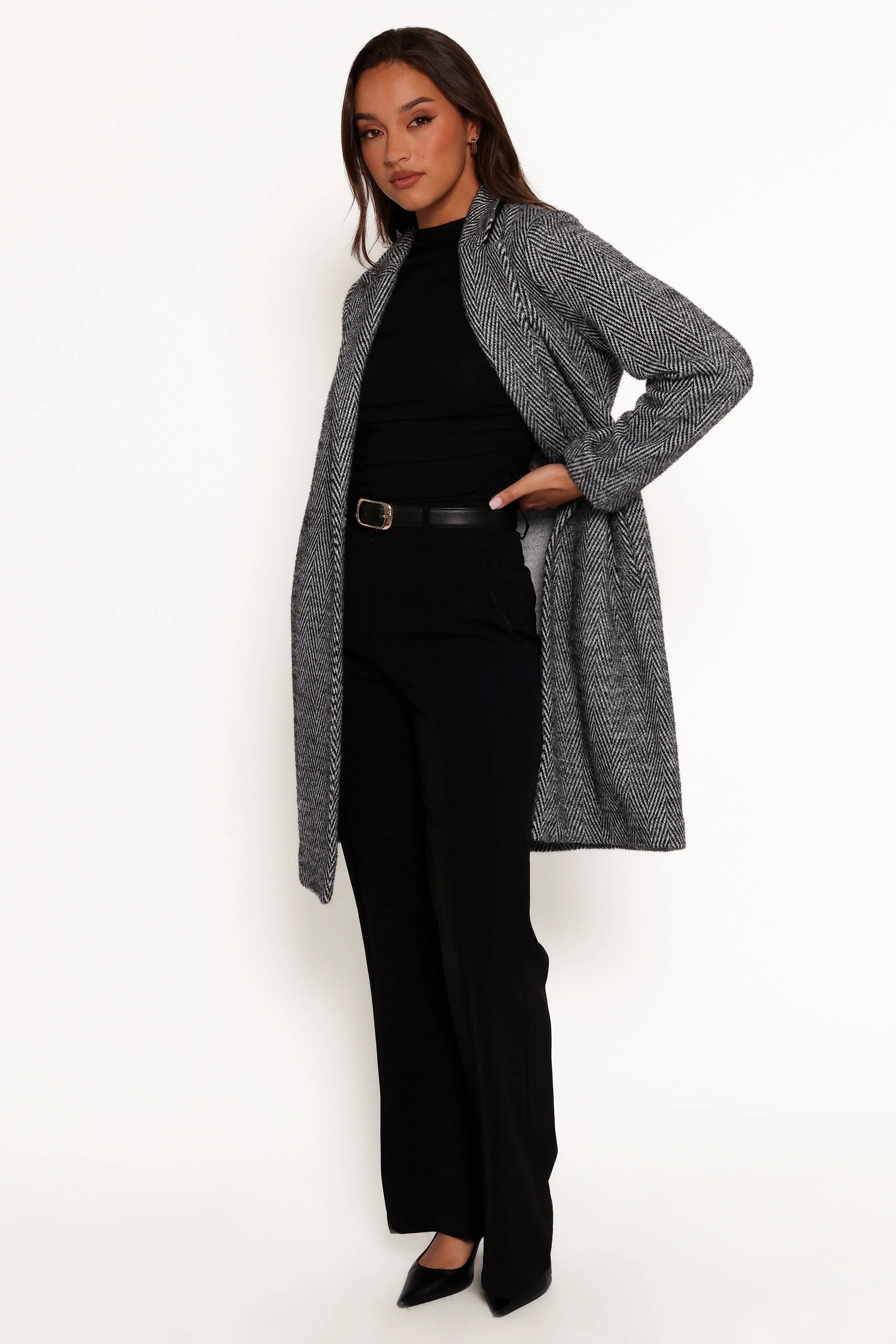 Nicoletta Single Button Herringbone Coat Black