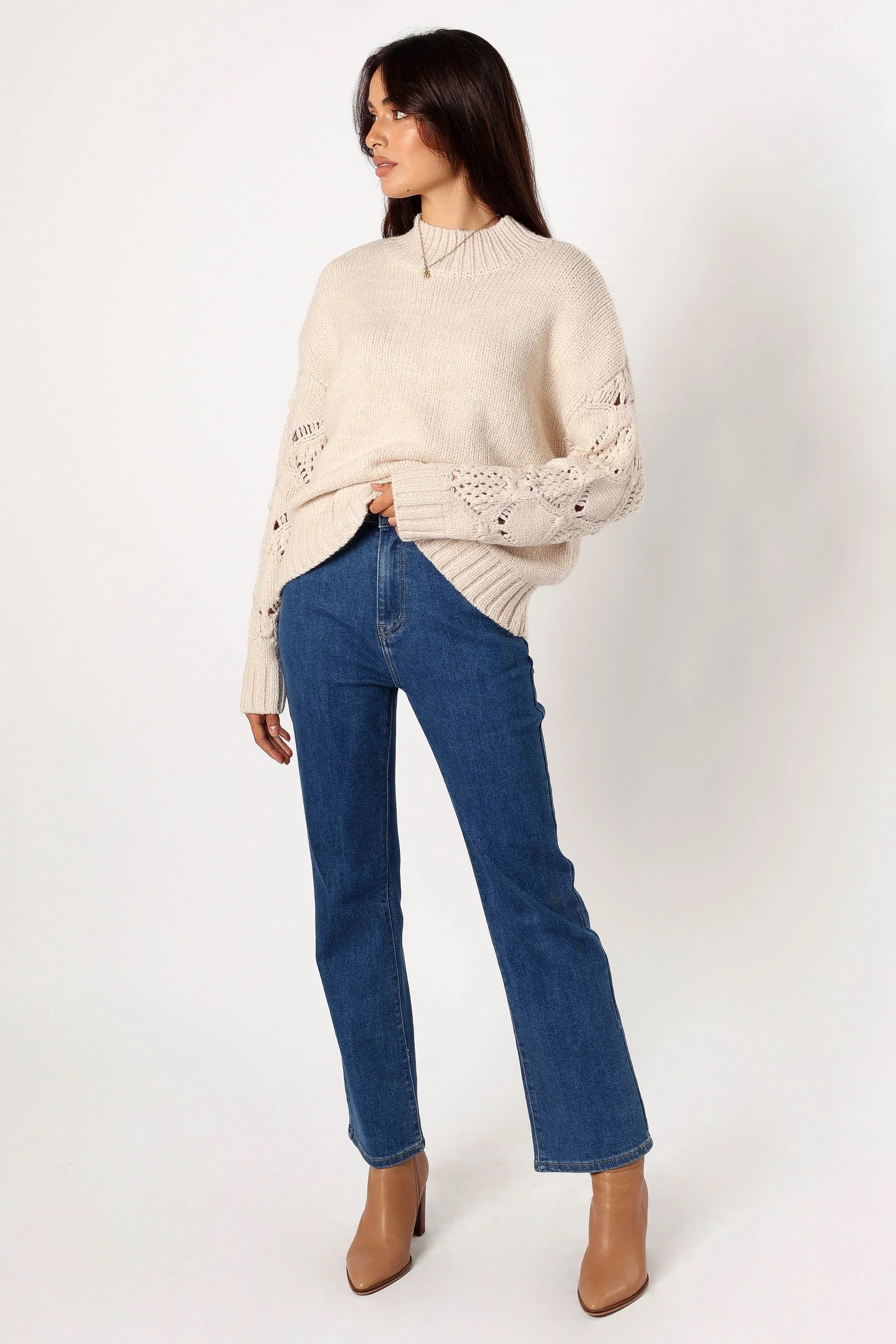 Rebekah Crochet Sleeve Knit Sweater Cream