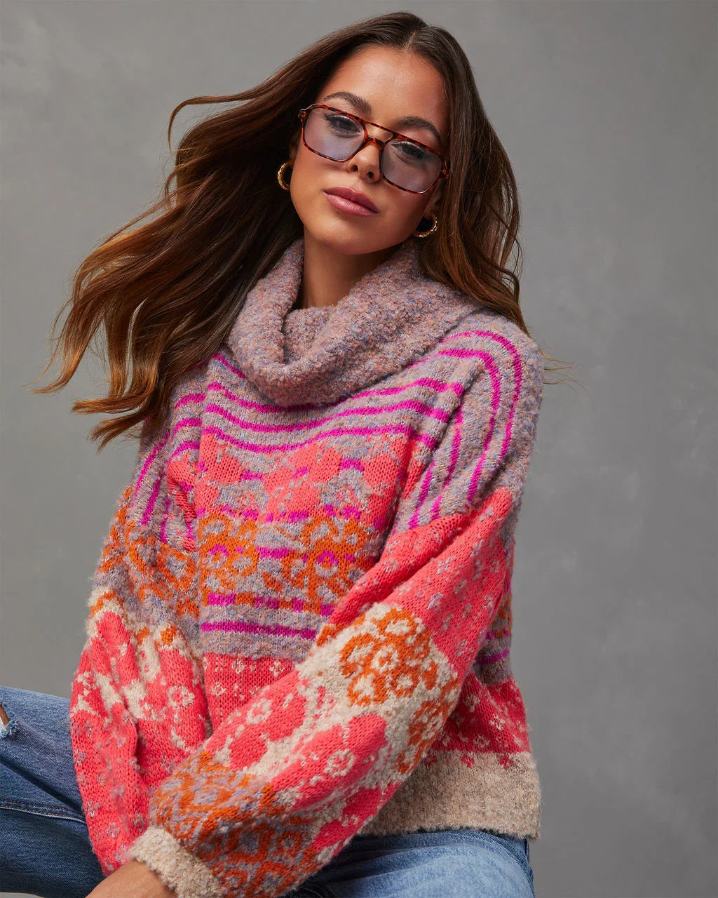 Monet Knit Printed Turtleneck Pullover Sweater