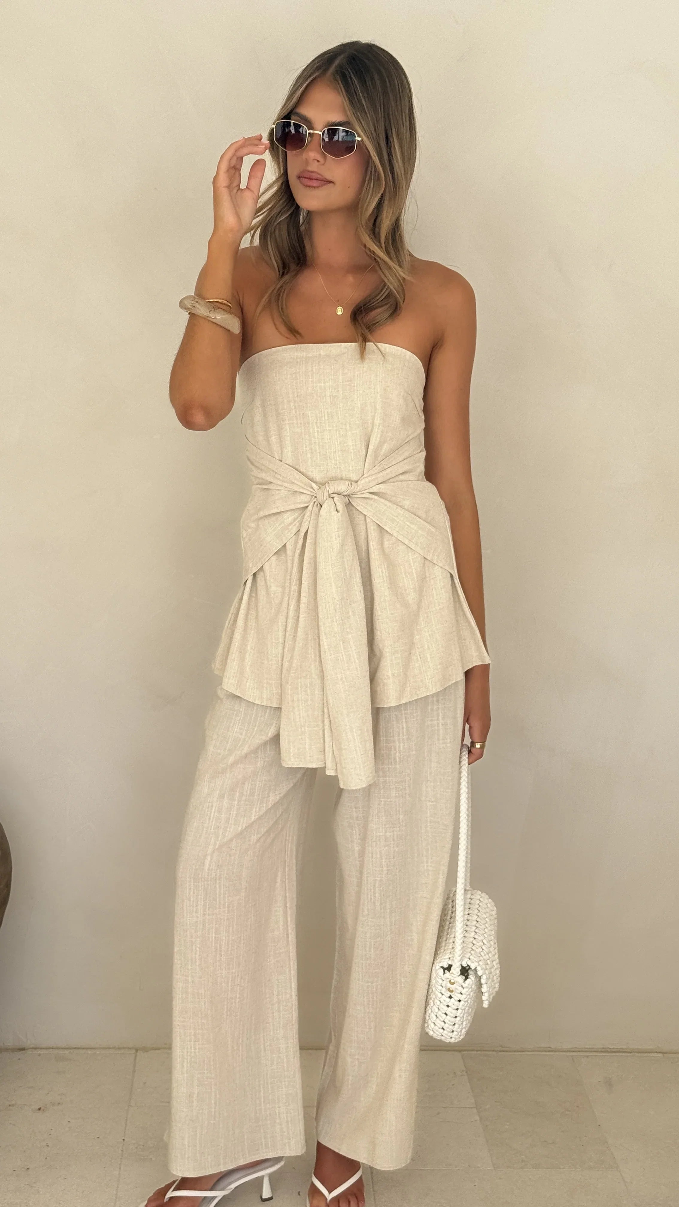 Talia Strapless Top and Pants Set Oatmeal