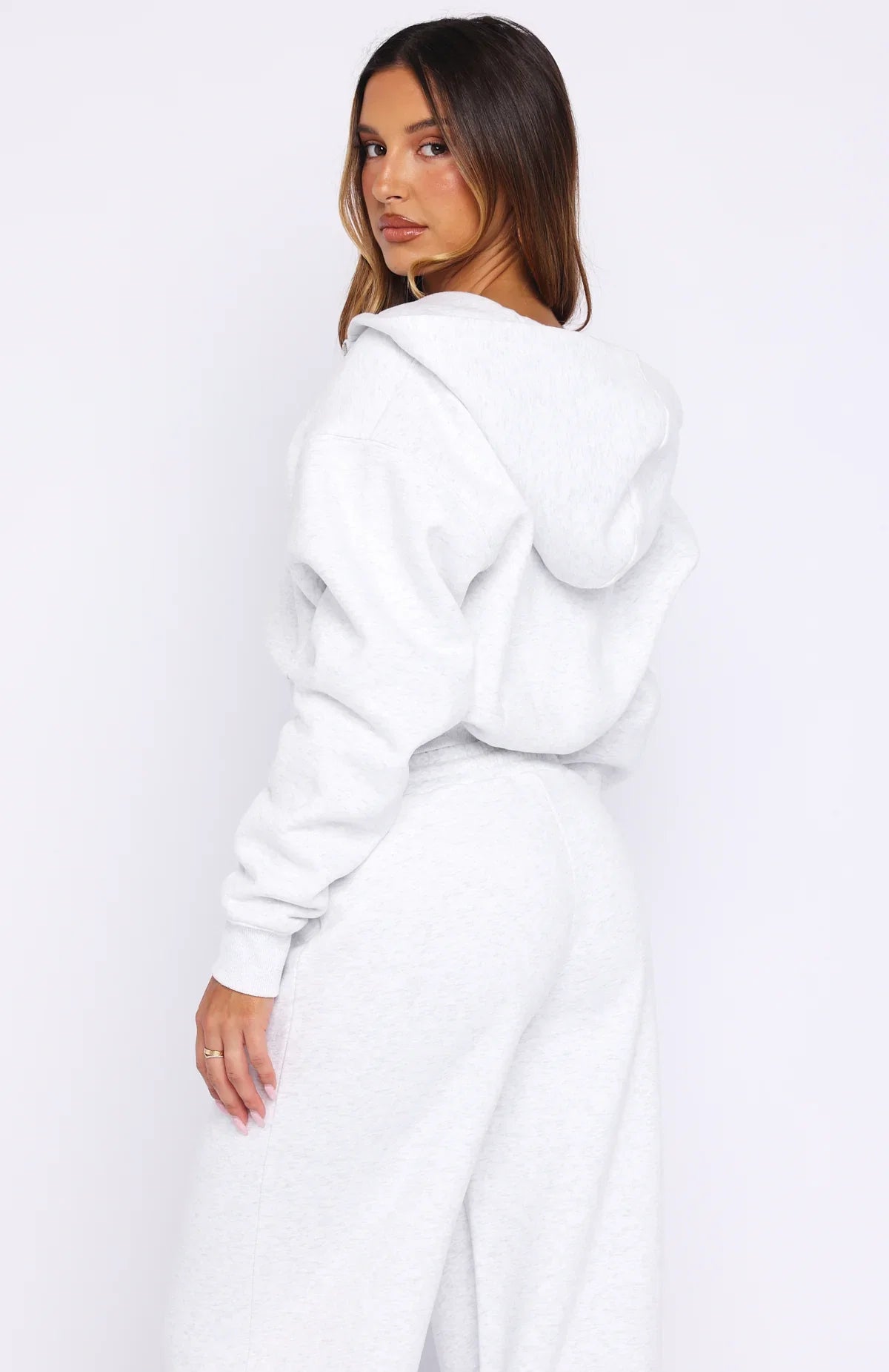 Wishing For It Cropped Cinched Zip Front Hoodie Grey Marle