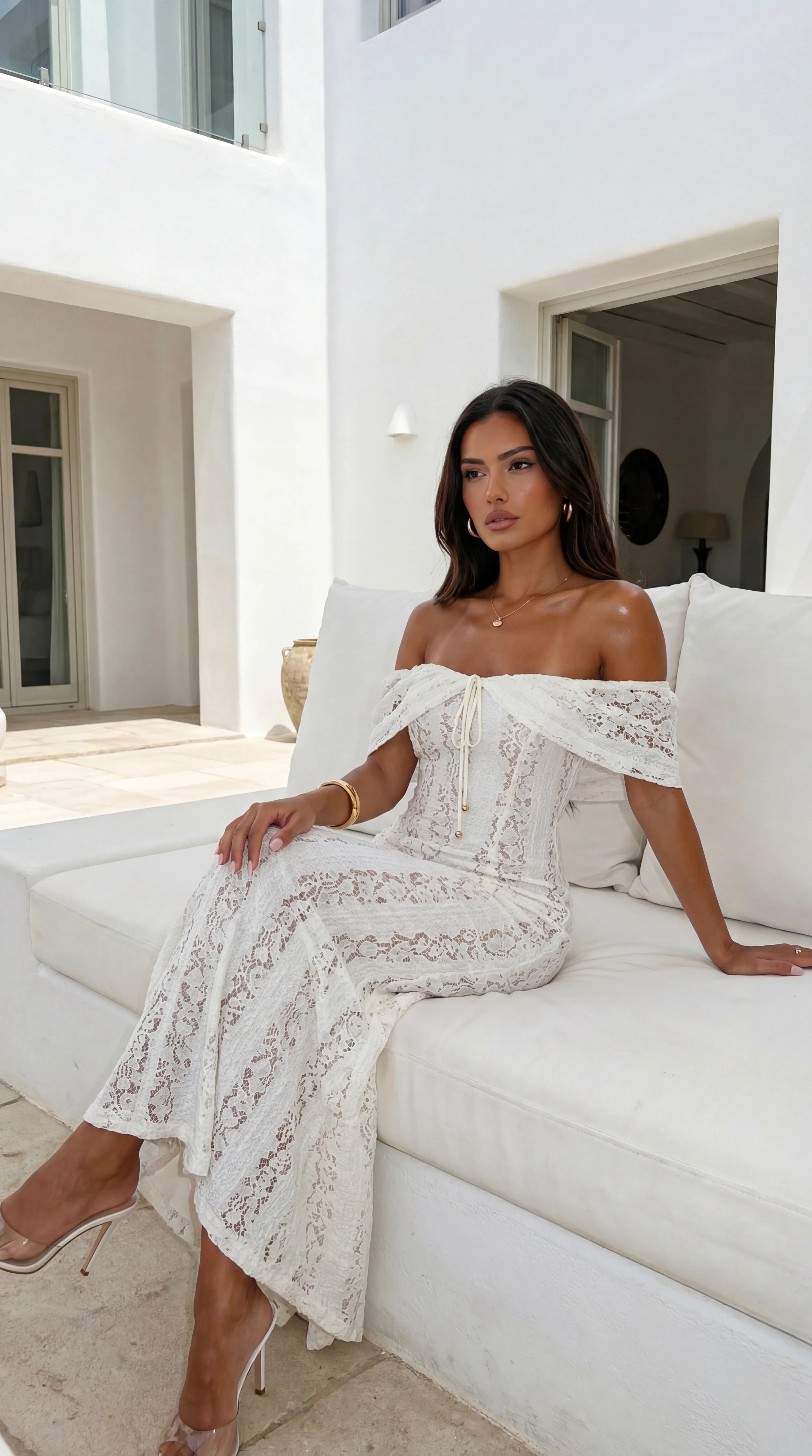Lunessa Lace Off Shoulder Maxi Dress Cream White