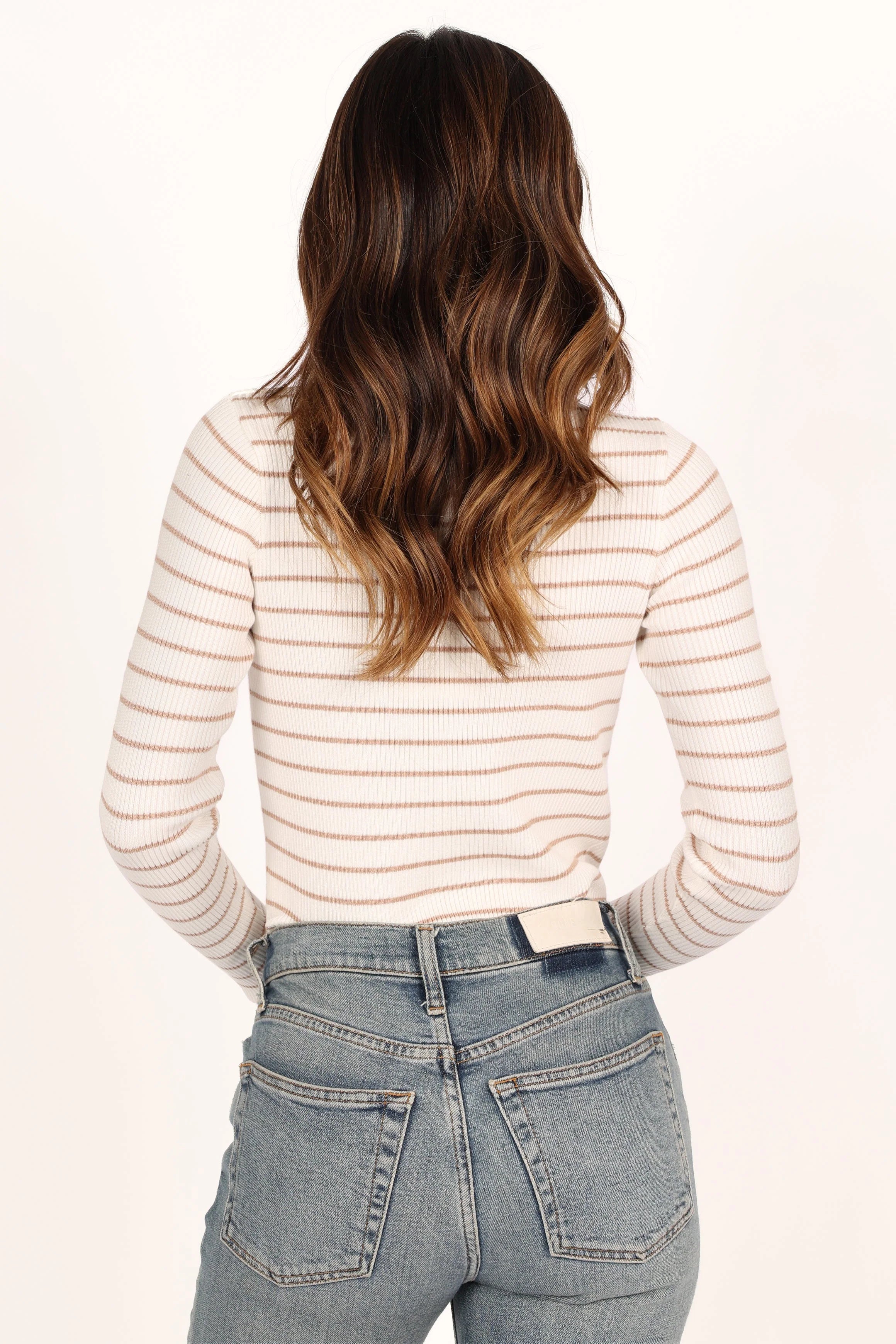 Stacie Ribbed Knit Top Beige Stripe