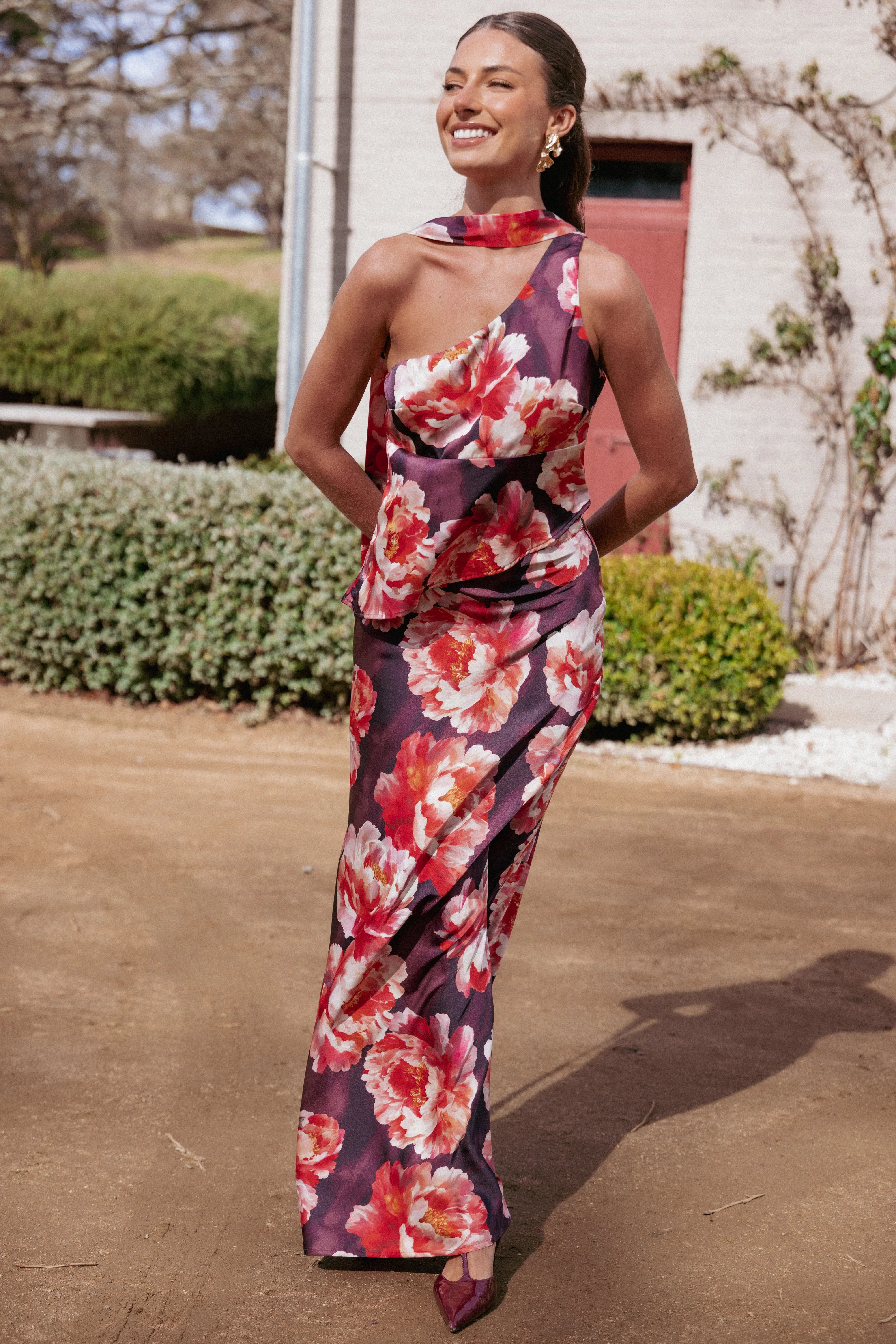 Georgina One Shoulder Skirt Set Burgundy Peony