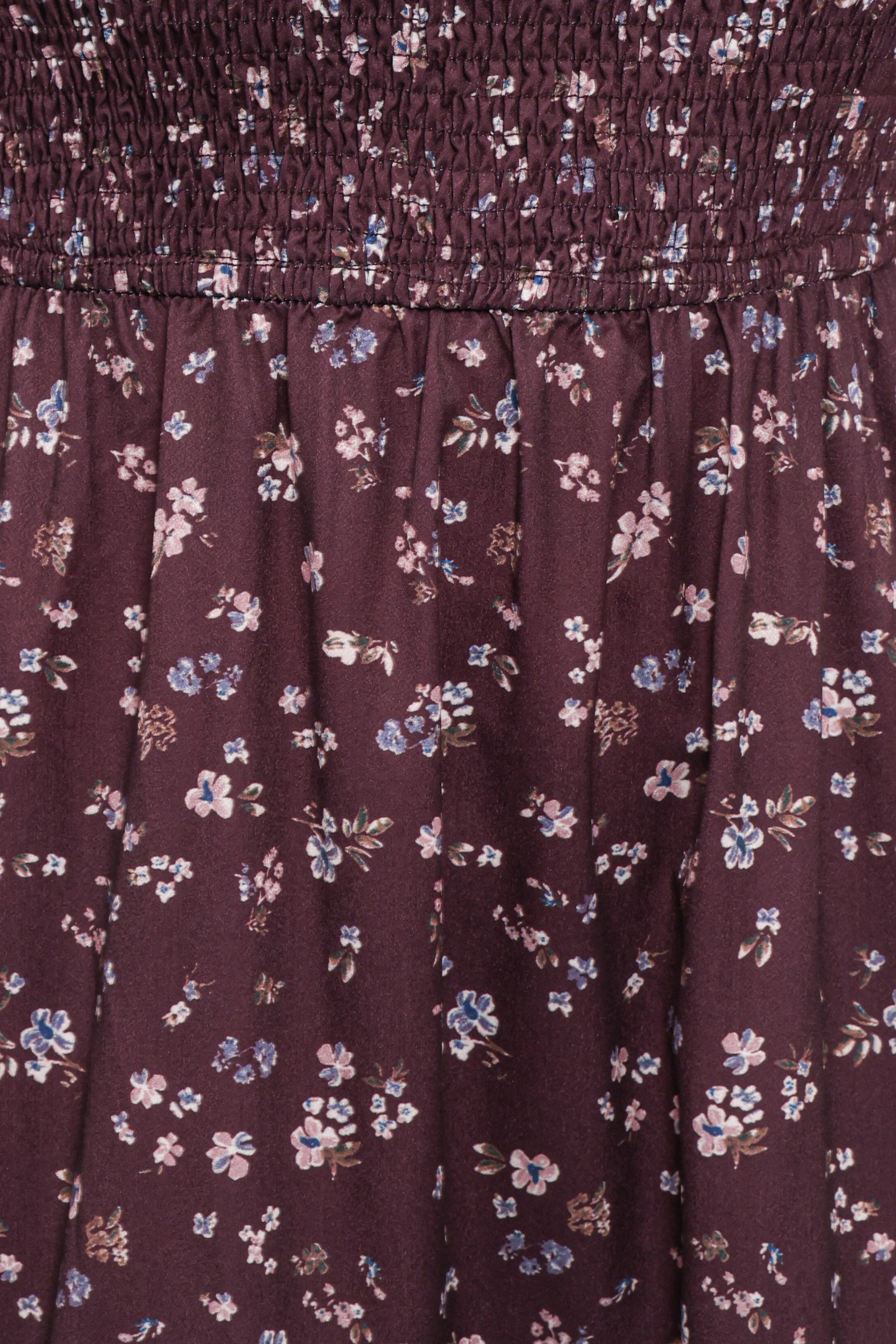 Edwina Shirred Frill Long Sleeve Midi Dress Plum Floral