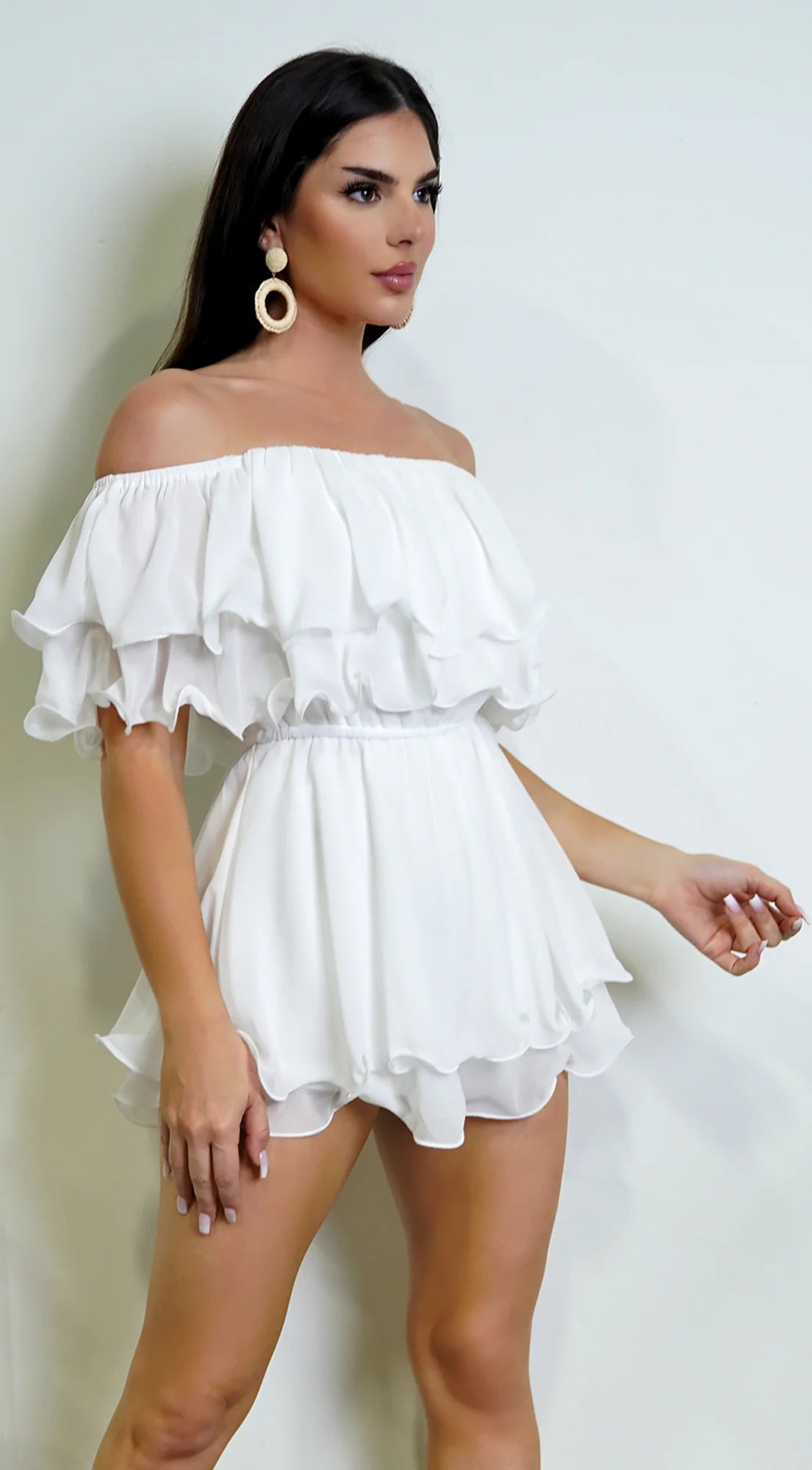 Karli Off Shoulder Ruffled Romper White