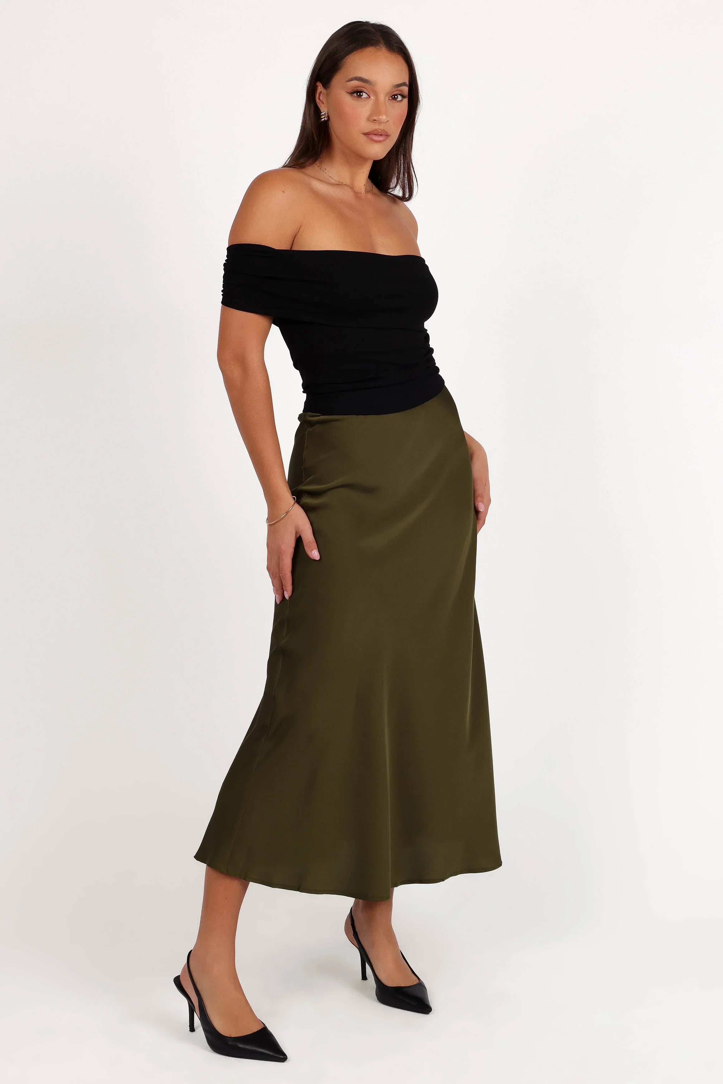 Nellie Satin Midi Skirt Olive