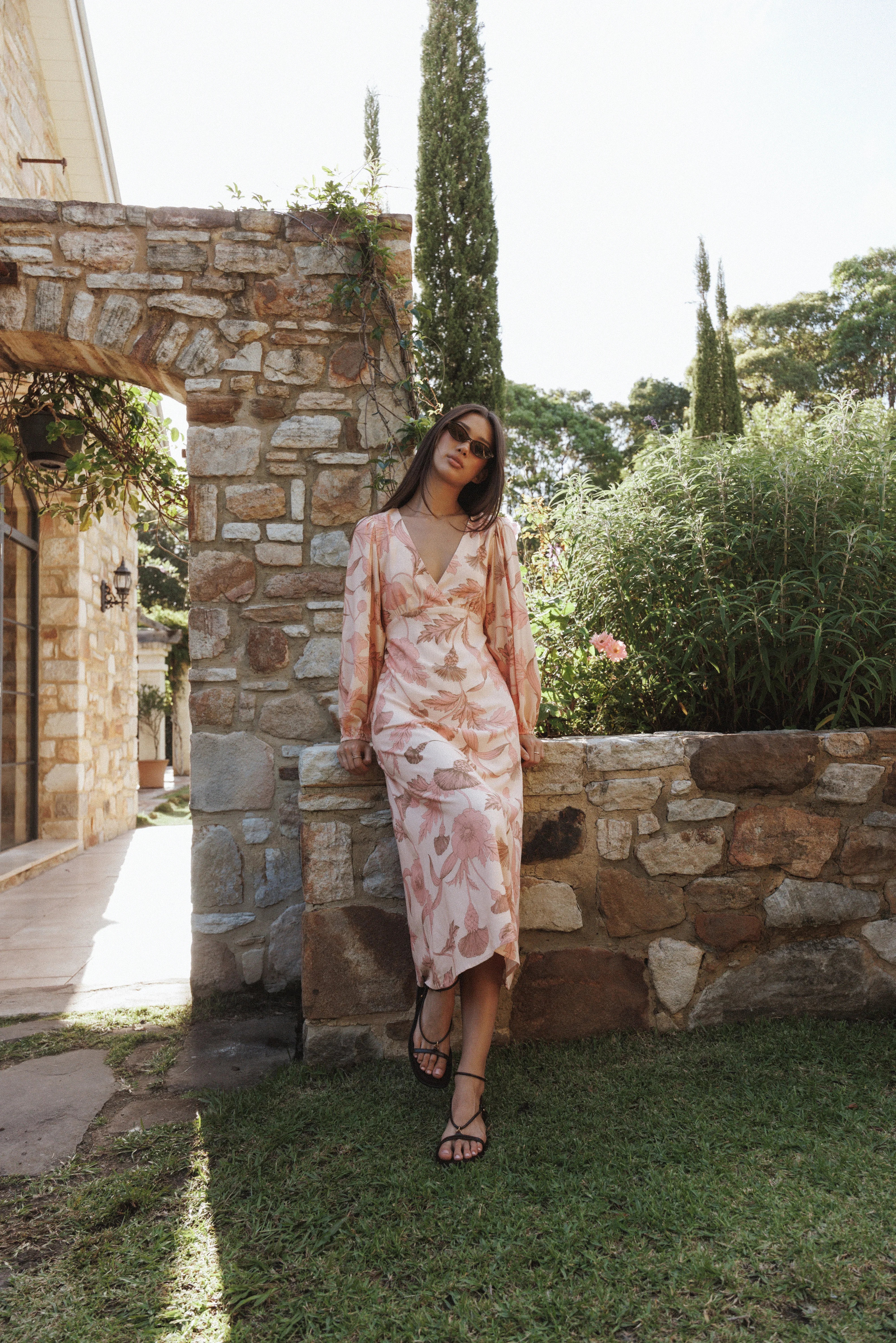 Kolby Long Sleeve Midi Dress Pink Floral