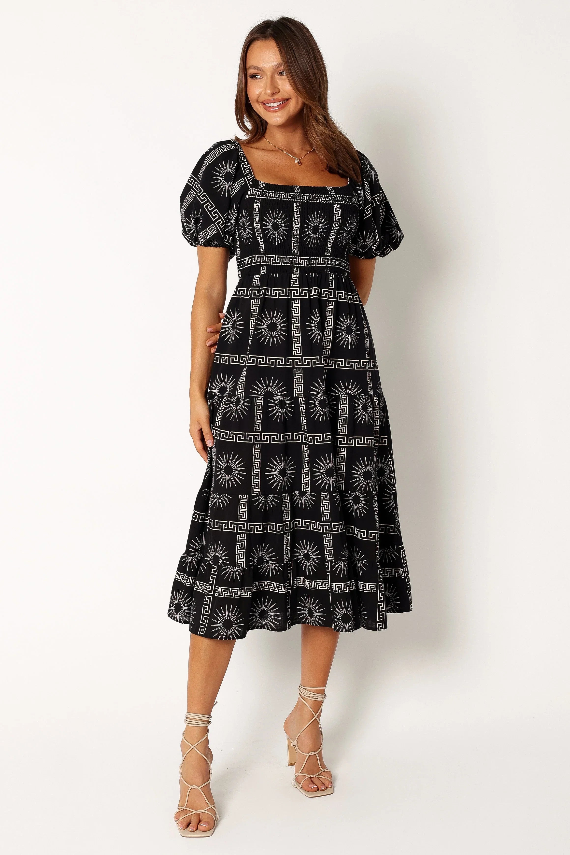 Soliel Puff Sleeve Midi Dress Black Tan