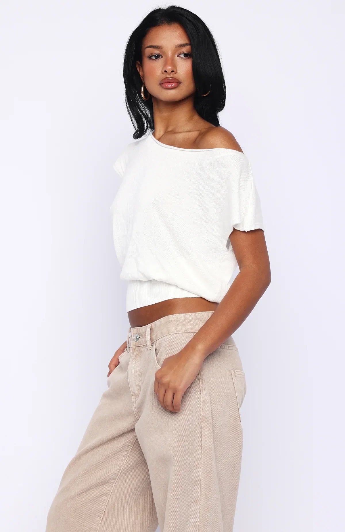 Cant Change My Mind Off Shoulder Cinched Top Off White
