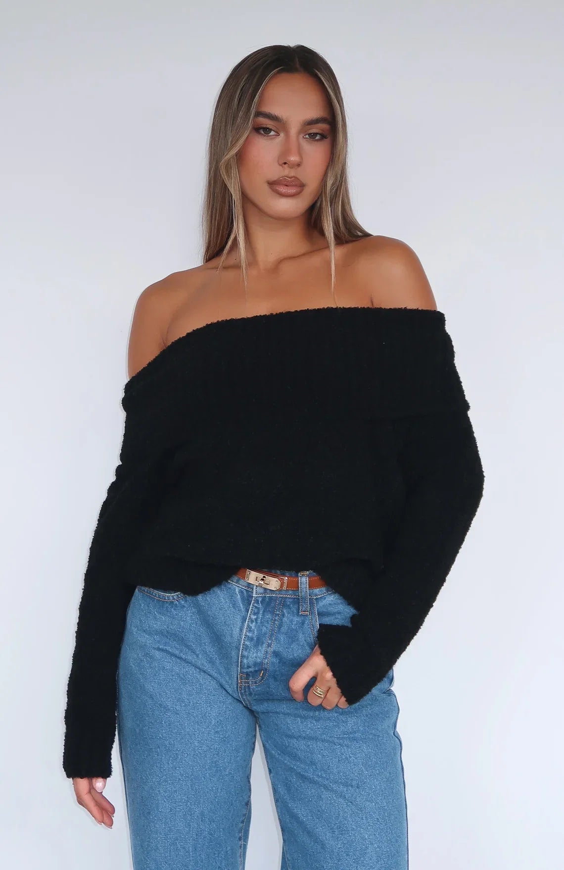 You Dont Need Me Off Shoulder Knit Sweater Black