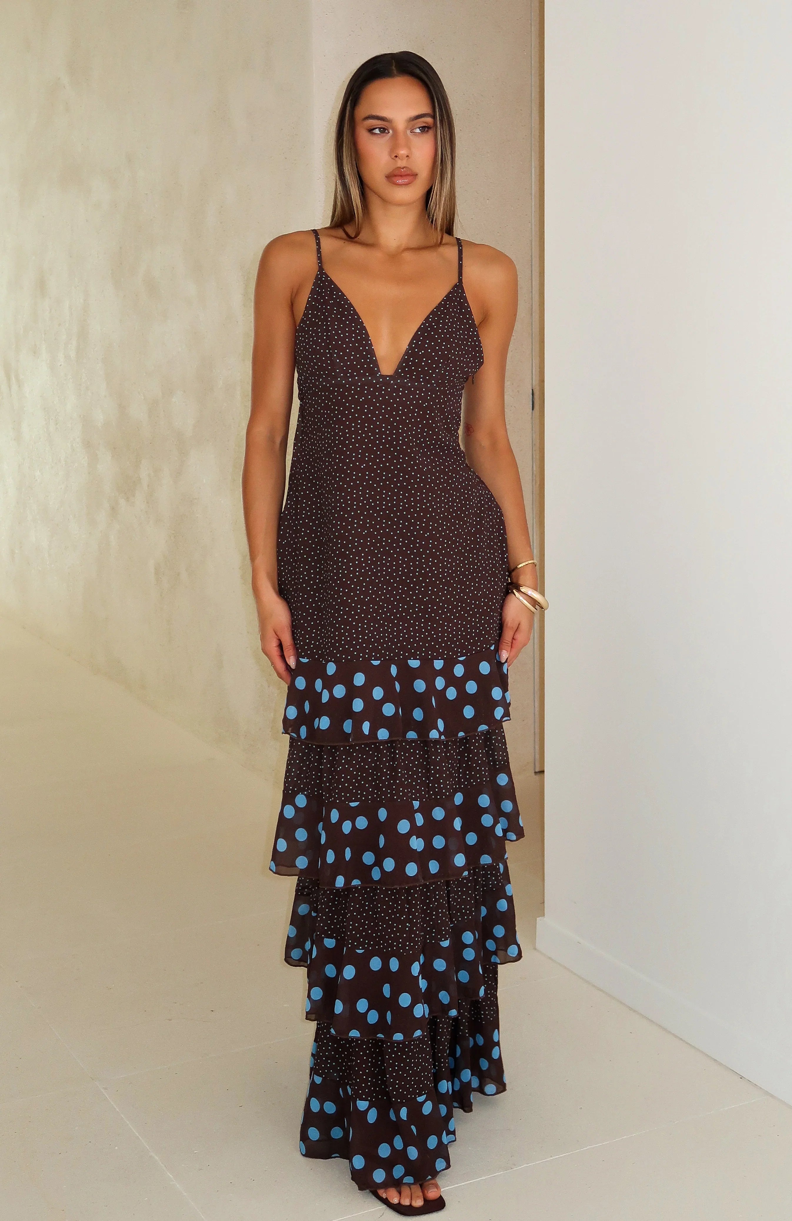 Princess Maxi Dress Chocolate Blue Polka Dot