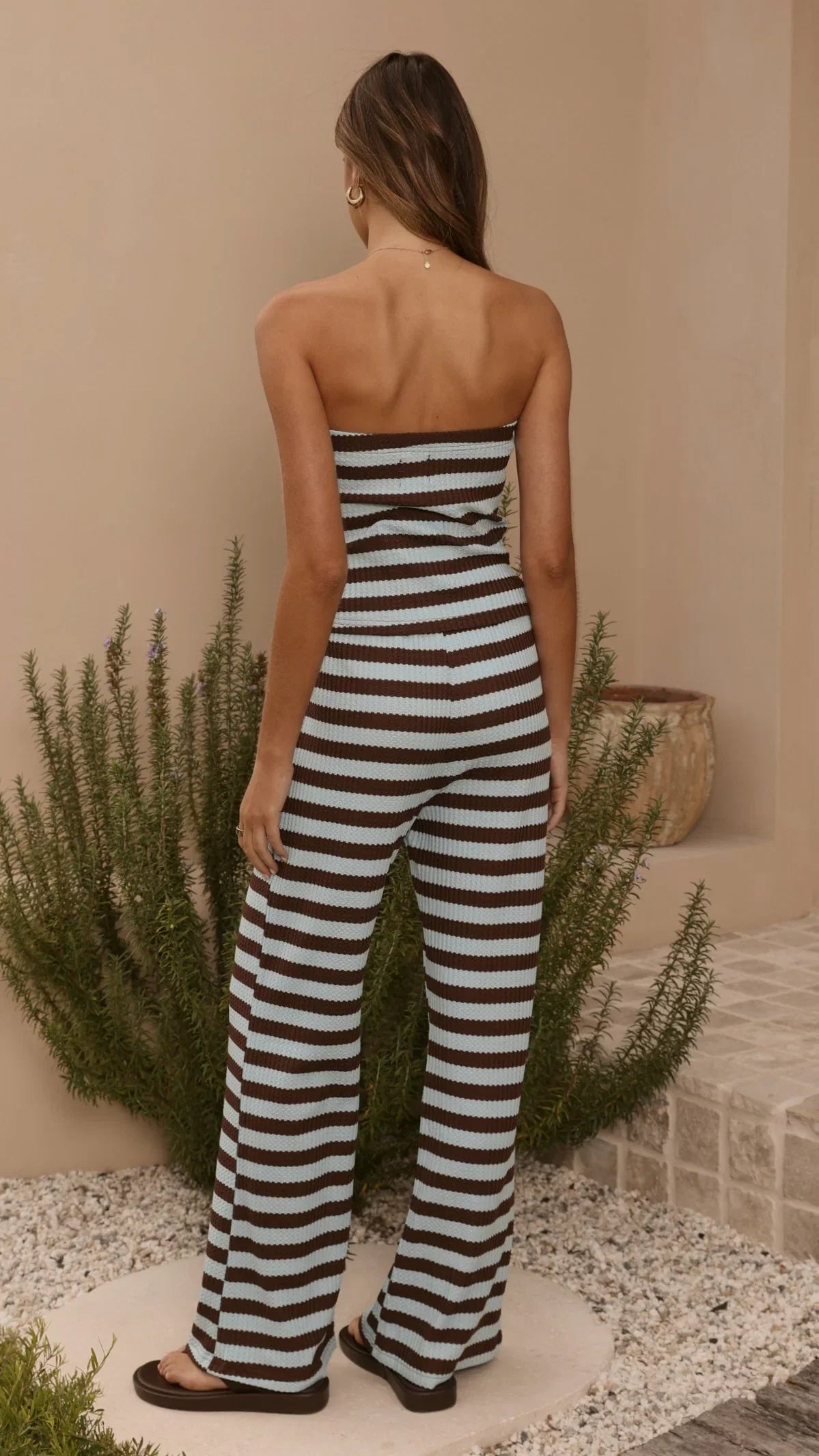 Milla Strapless Top Pants Set Brown Blue Stripe