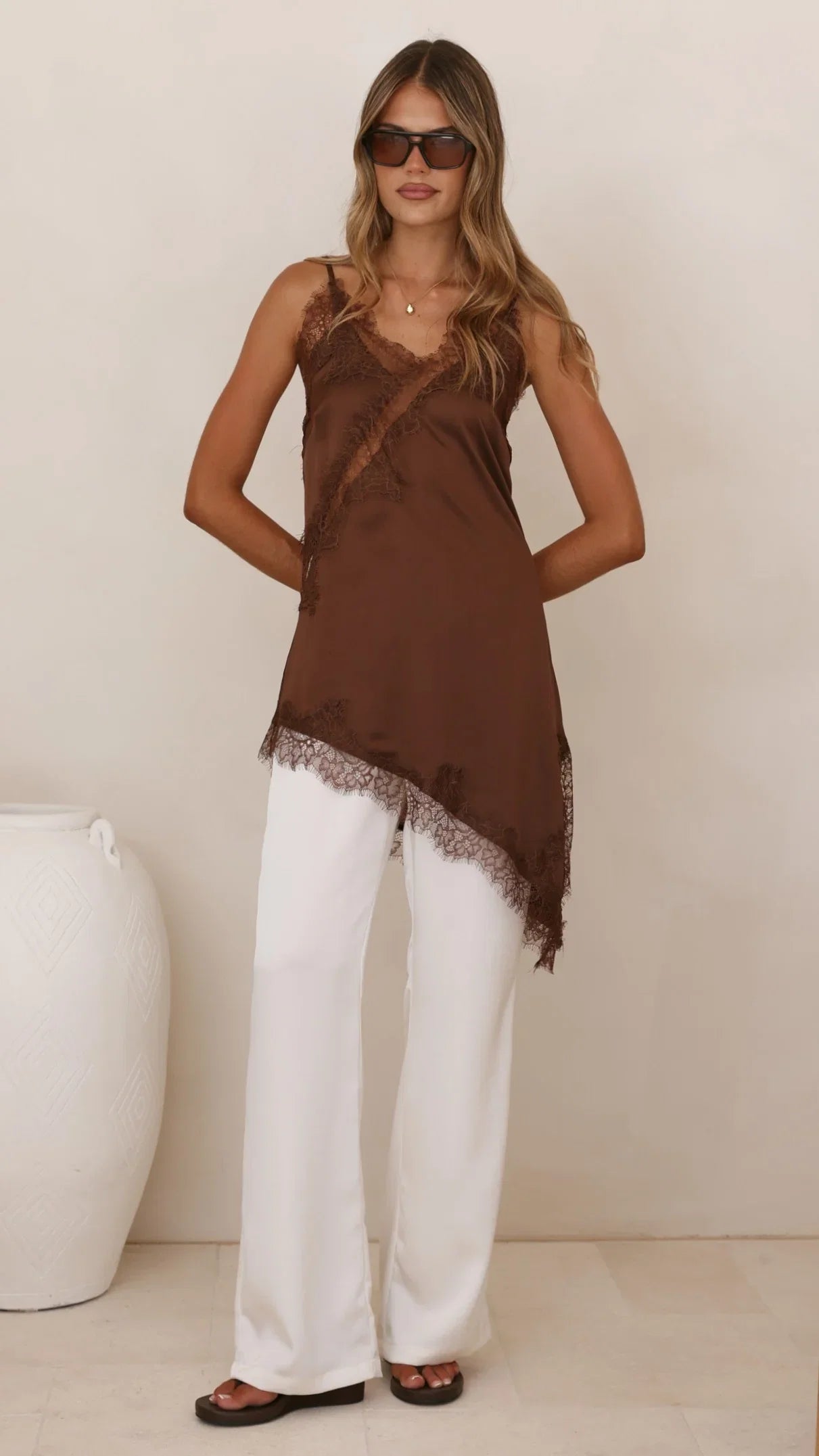 Sayuri Satin Lace Mini Tunic Chocolate