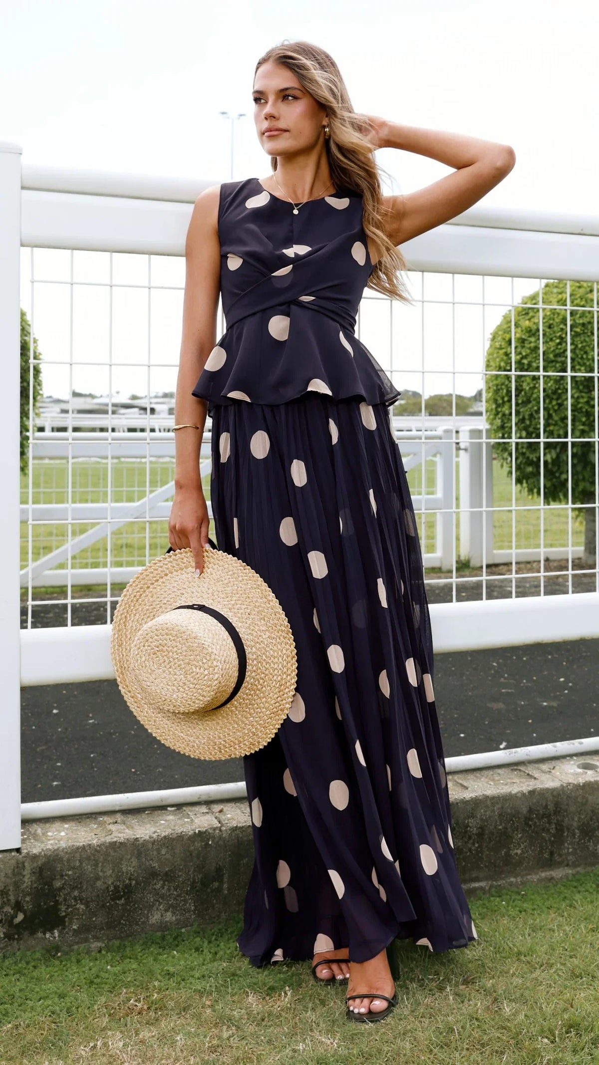 Cambree Peplum Top and Maxi Skirt Set Black Beige Polka Dot