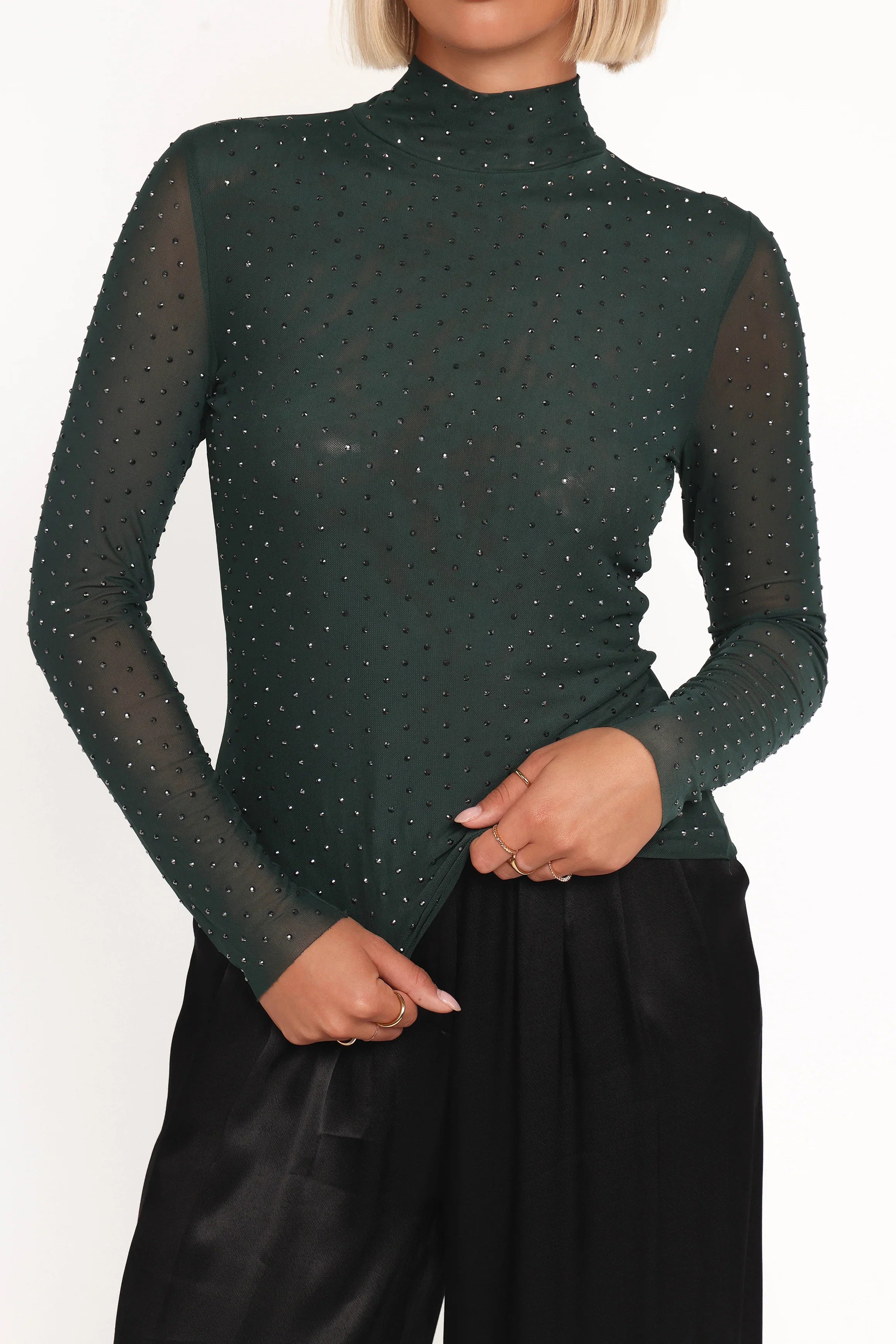 Alejandra Embellished Mesh Top Hunter Green