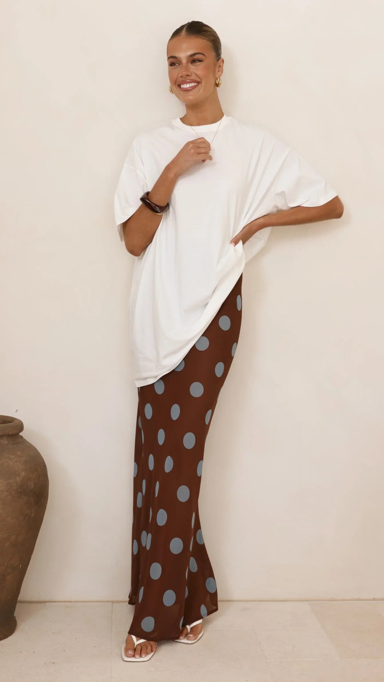 Yumi Oversized Tee and Sheer Skirt Set White Brown Blue Polka