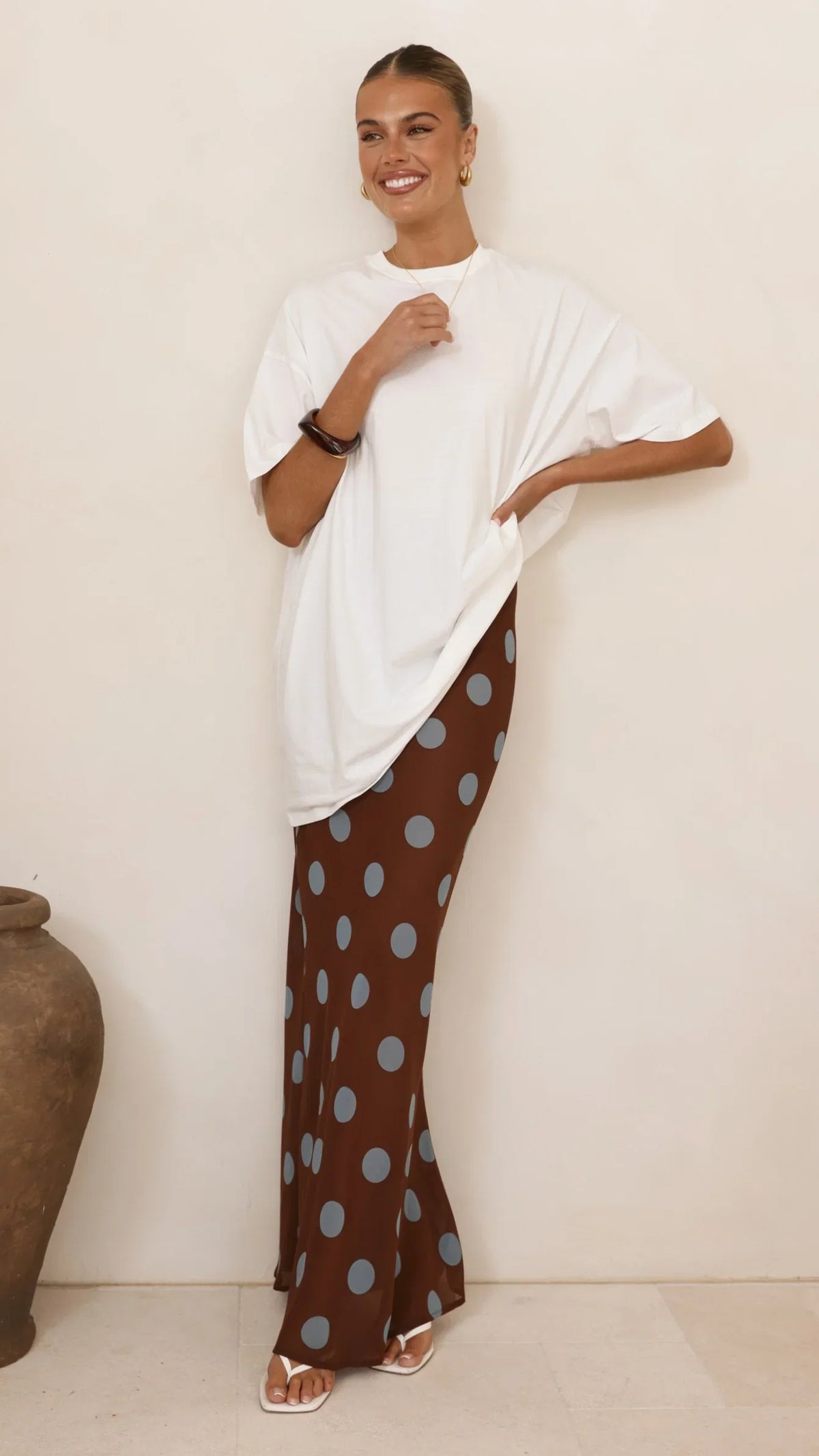 Yumi Oversized Tee and Sheer Skirt Set White Brown Blue Polka