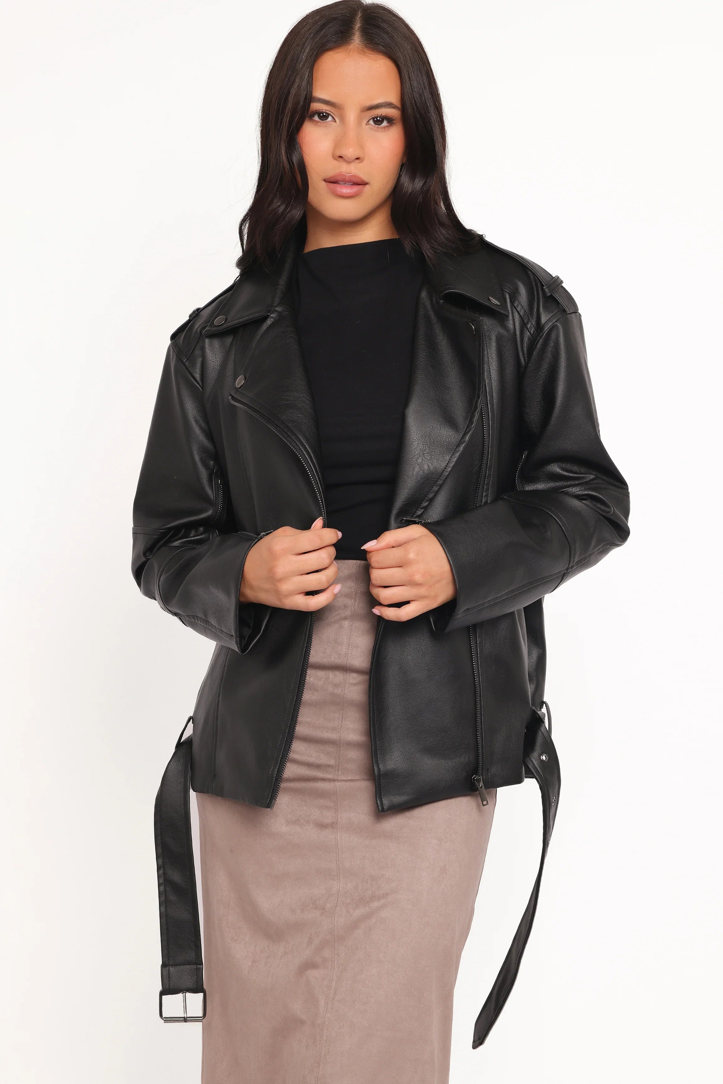 Parsons Oversized Faux Leather Moto Jacket Black