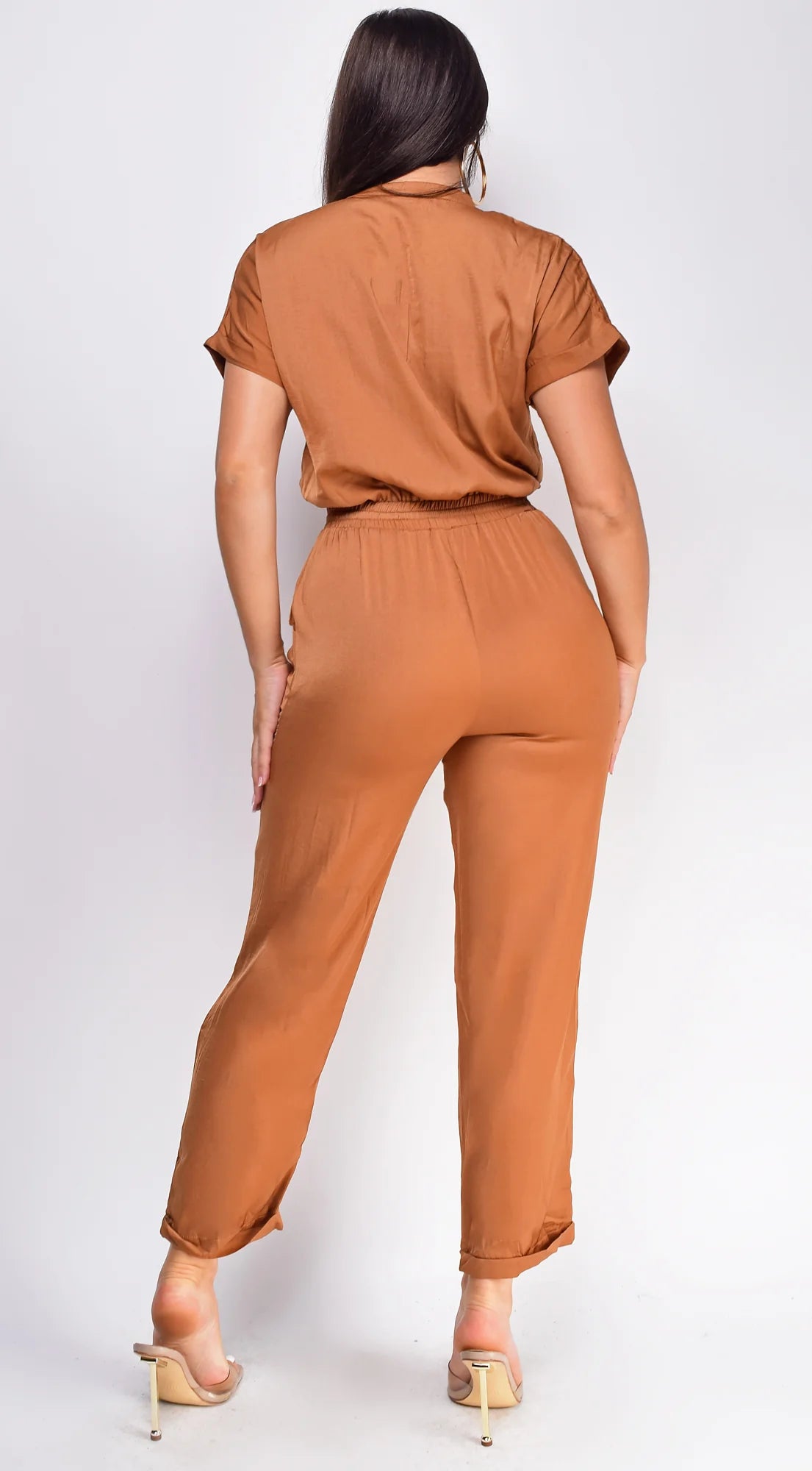 Darya Button Up Jumpsuit Mocha Brown