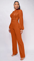 Nerine Crochet Lace Mesh Jumpsuit Cognac Brown